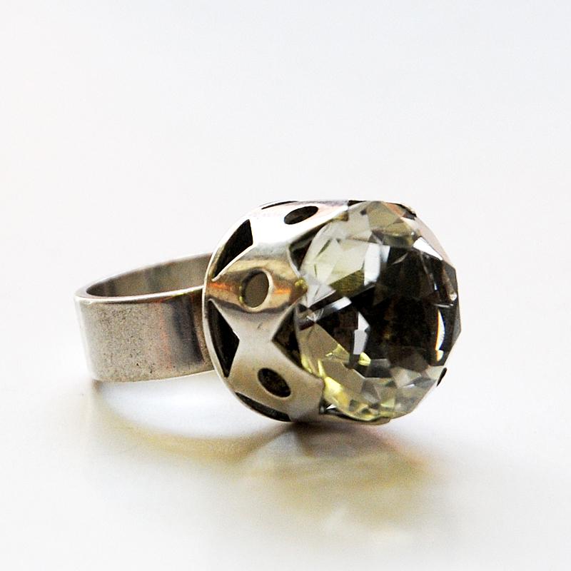 Swedish Crystal Brilliantcut Stone Silver Ring by Kaplan Stockholm, 1967 3