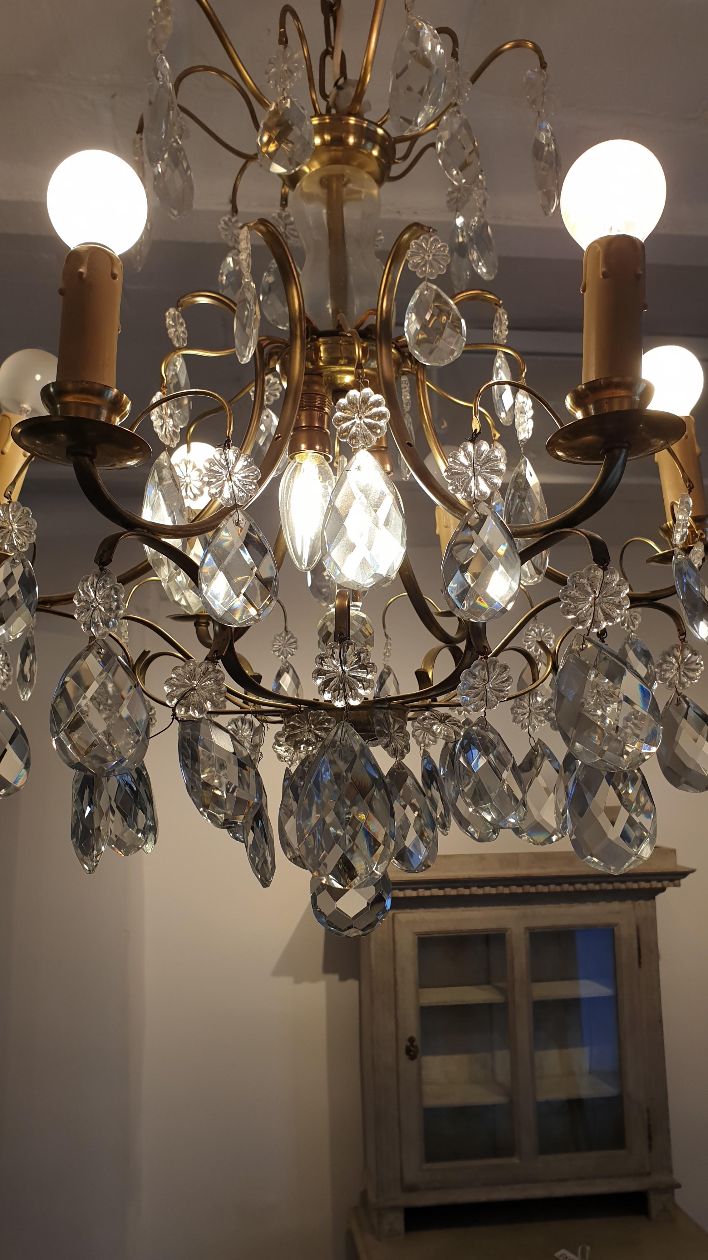 Brass Swedish Crystal Chandelier, Early 20th Century For Sale