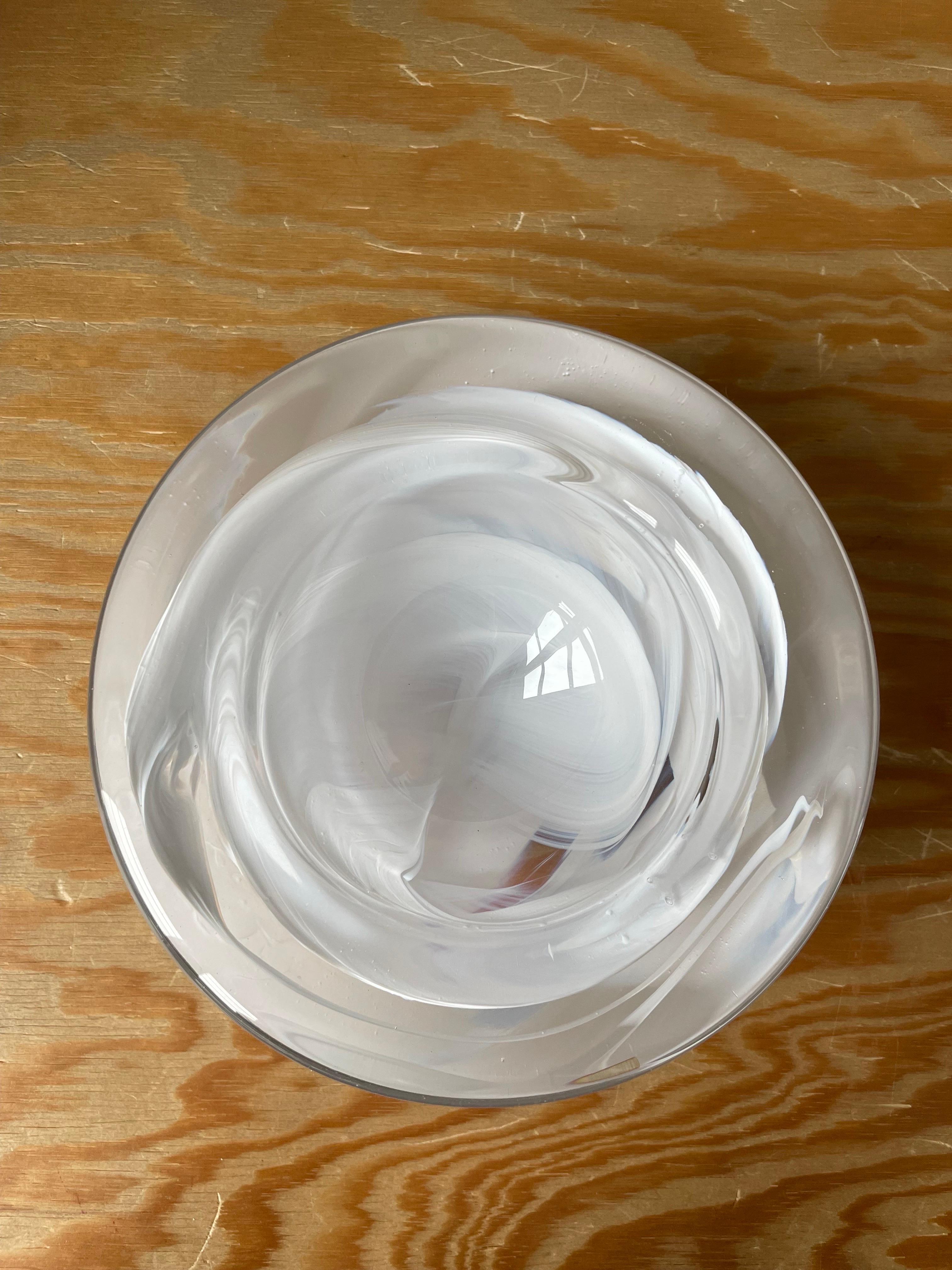 Crystal Kosta Boda Swedish Art Glass White Swirl Bowl, 1980s For Sale