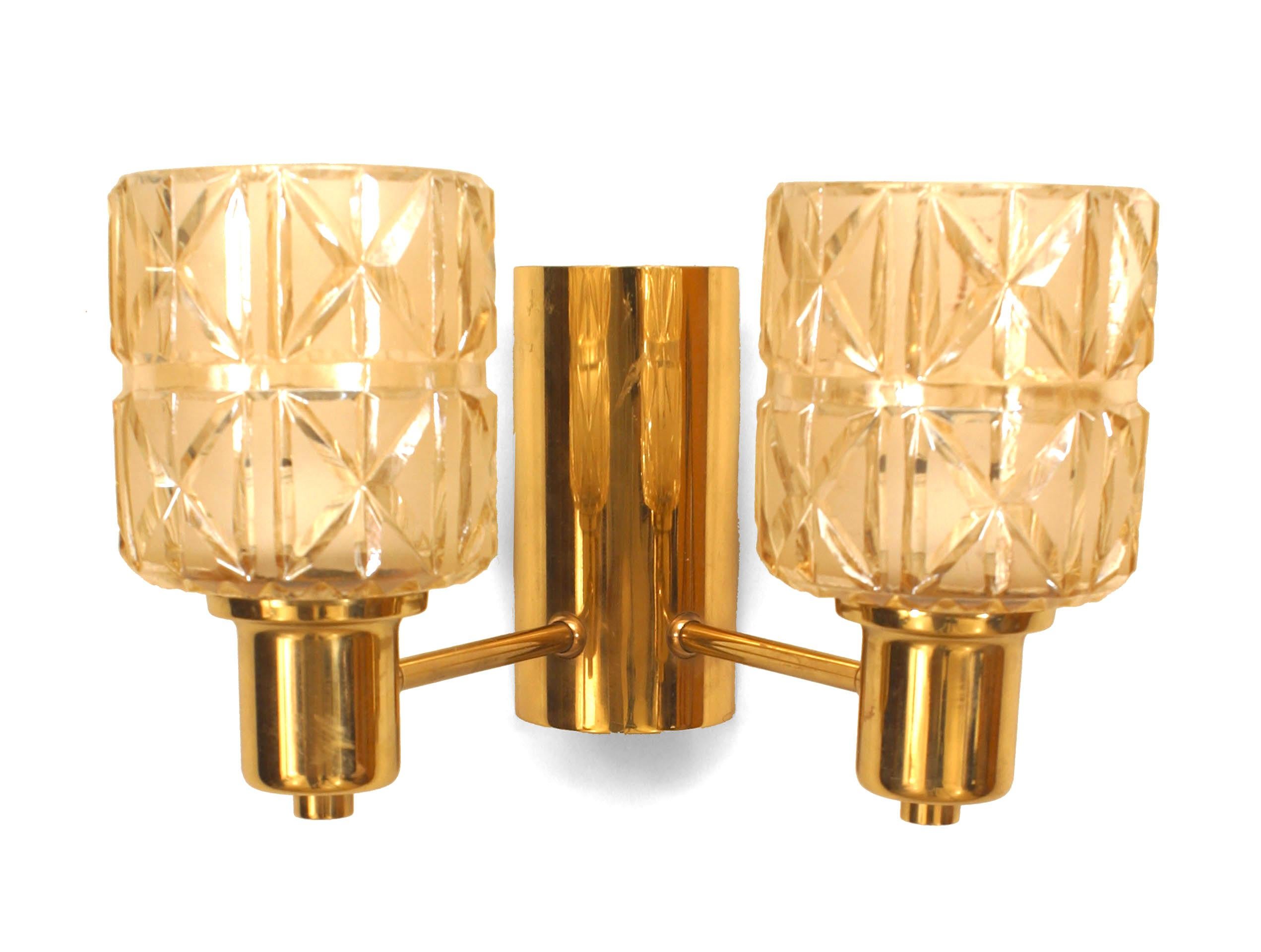 3 Swedish Mid-Century (1950s) brass wall sconces with two arms with two cut glass shades on either side. (attributed to HANS AGNE JAKOBSEN) (PRICED EACH)
