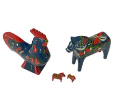 Swedish Dala horses and rooster by Olsson, Swedish folk art, 1960s