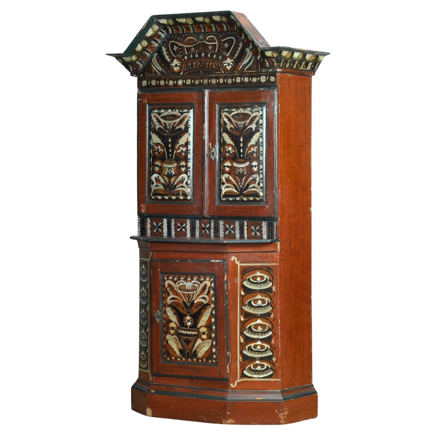 Swedish Dalarna Painted Crown Cupboard, dated 1799 For Sale