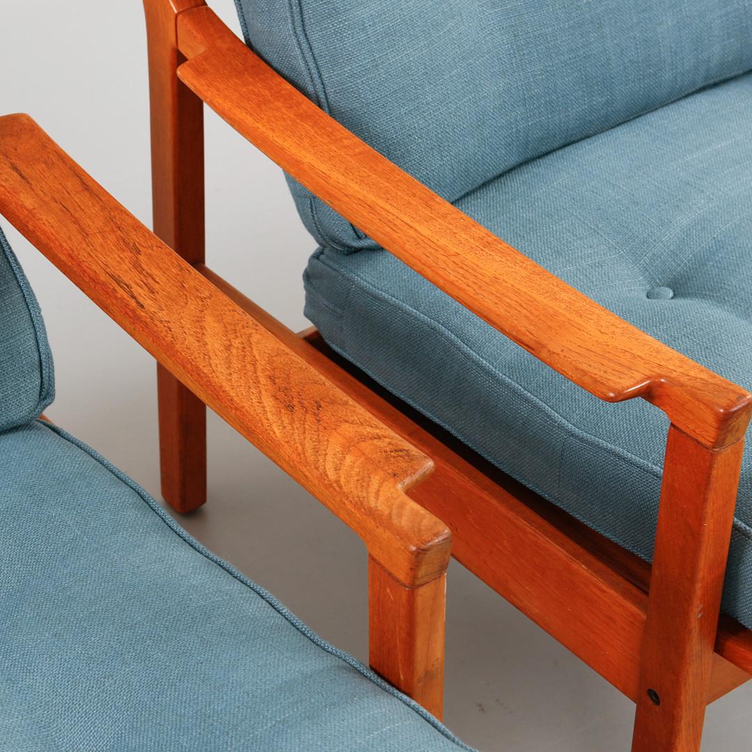Polished  Swedish Danish Design 1960s 1970s Teak Vintage Lounge Armchairs Brown Blue  For Sale