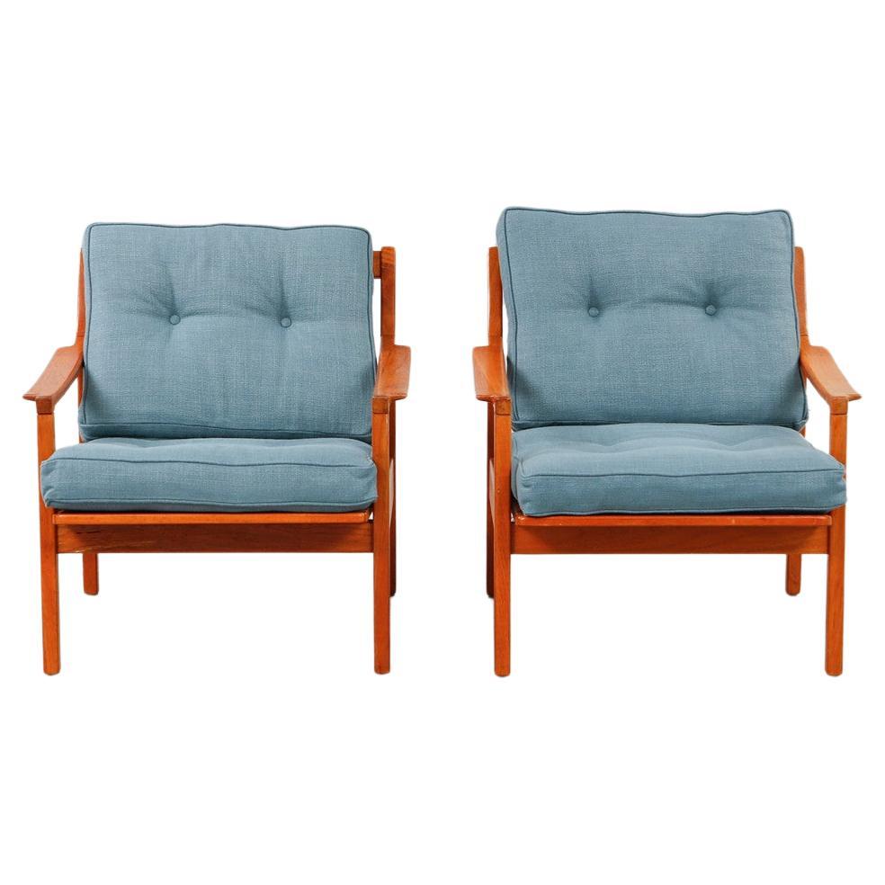  Swedish Danish Design 1960s 1970s Teak Vintage Lounge Armchairs Brown Blue  For Sale