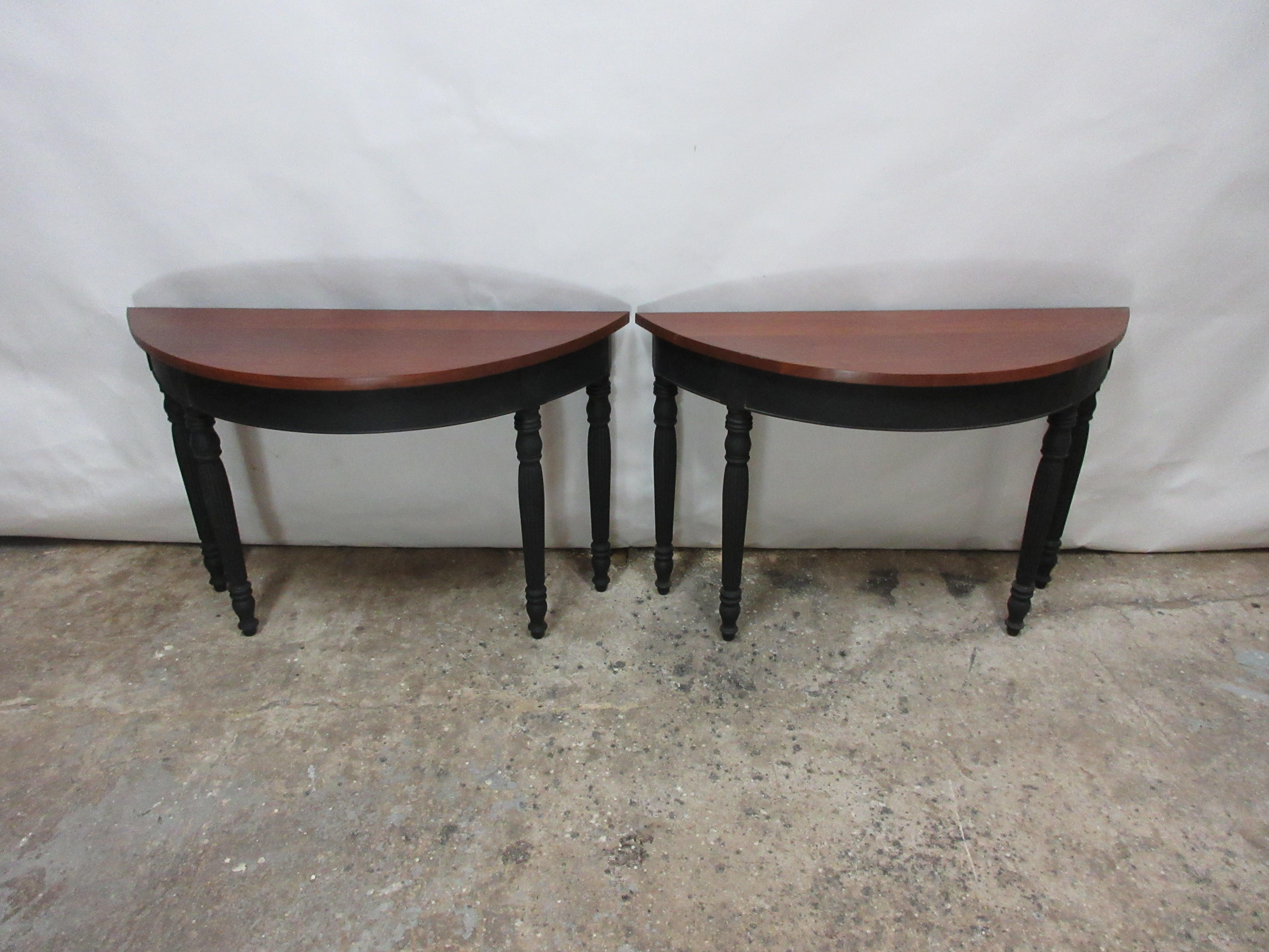 This is a set of Swedish demilune Colsole tables. They have been restored and repainted with milk paints 