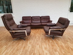 Swedish Design, Arne Norell Sofa Set, Original Upholstery, Leather, Chrome Steel