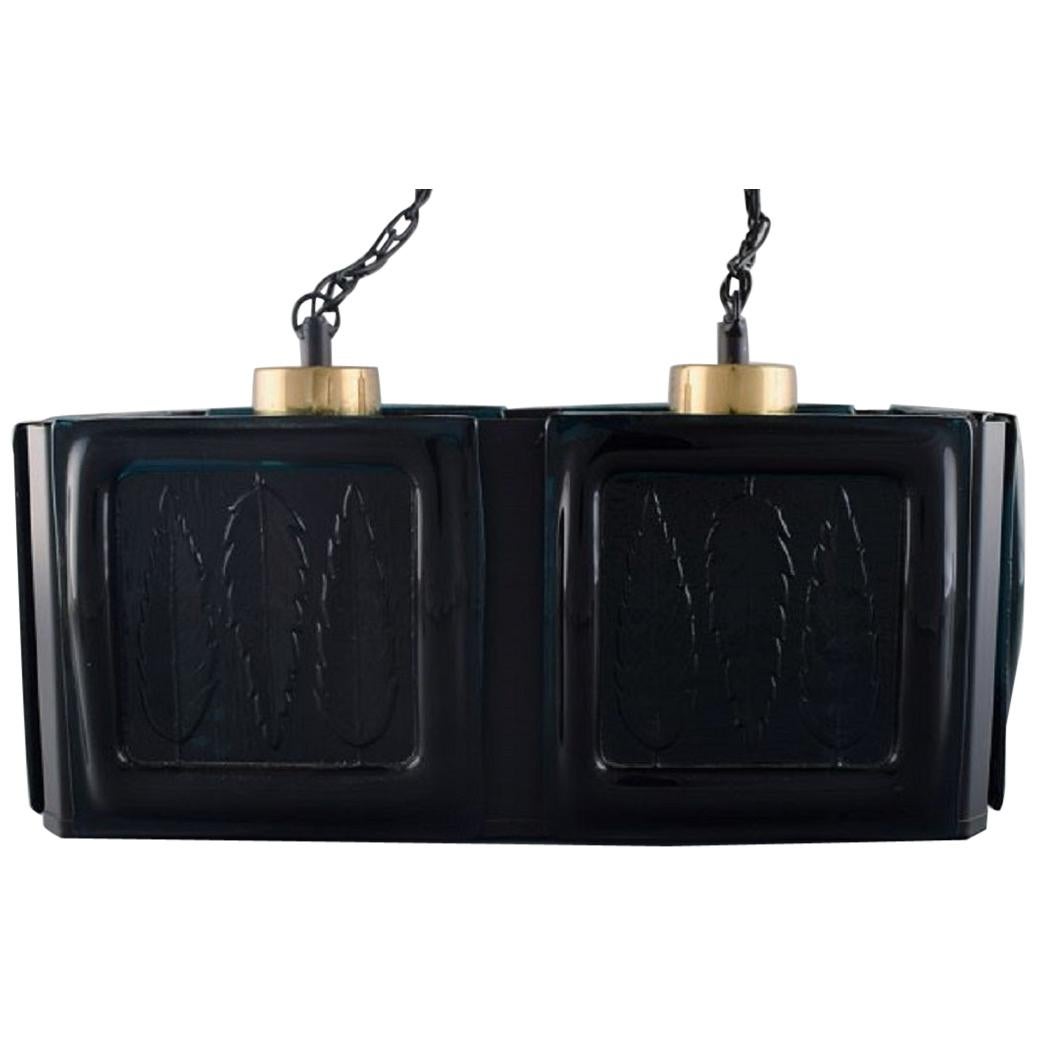 Swedish Design, Ceiling Lamp in Black Lacquered Metal and Mouth-Blown Art Glass For Sale