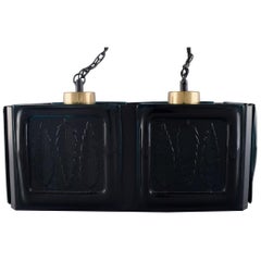 Swedish Design, Ceiling Lamp in Black Lacquered Metal and Mouth-Blown Art Glass