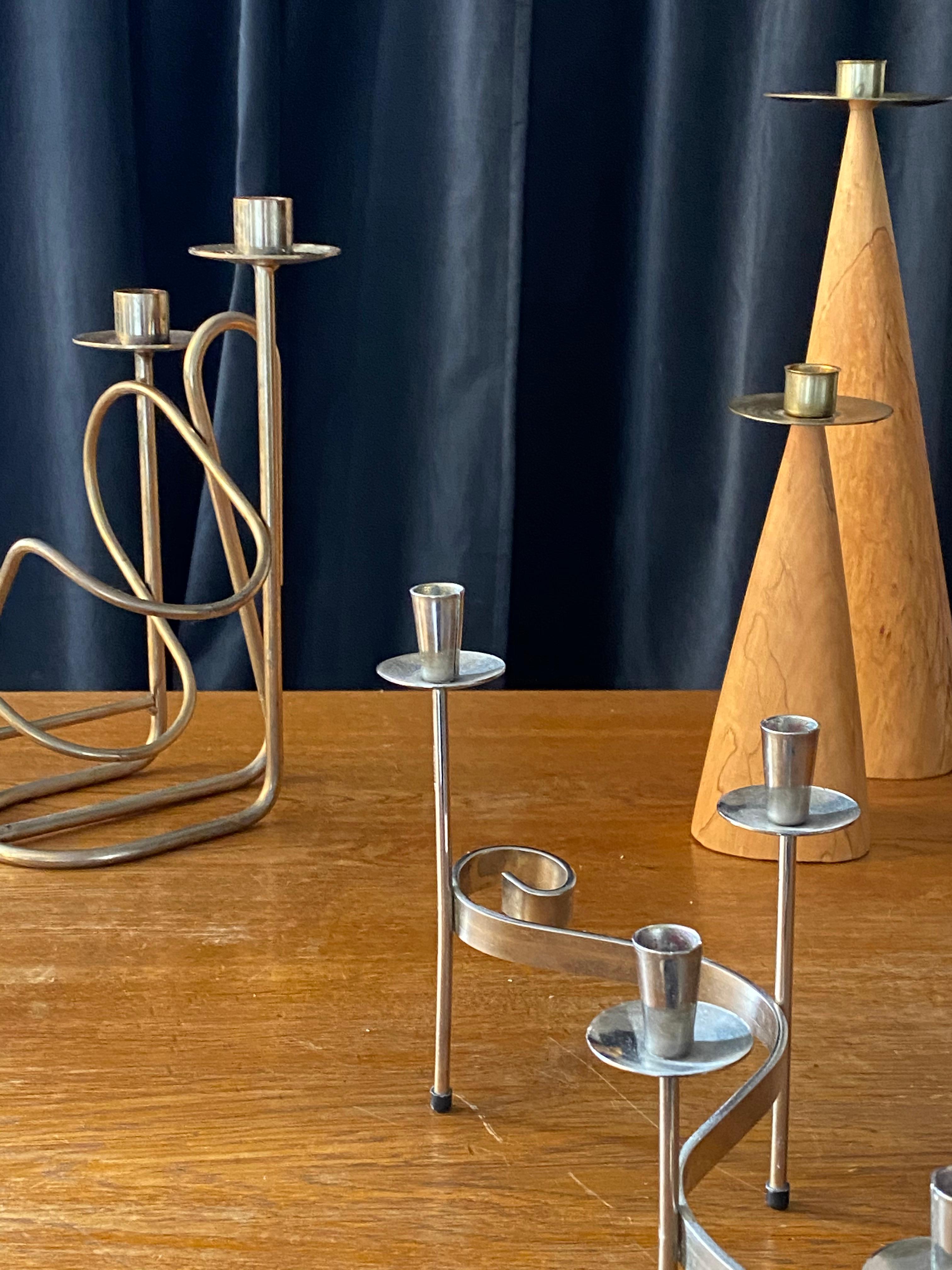 Mid-Century Modern Swedish Design, Collection of Candlesticks or Candelabra, Wood, Brass, Steel