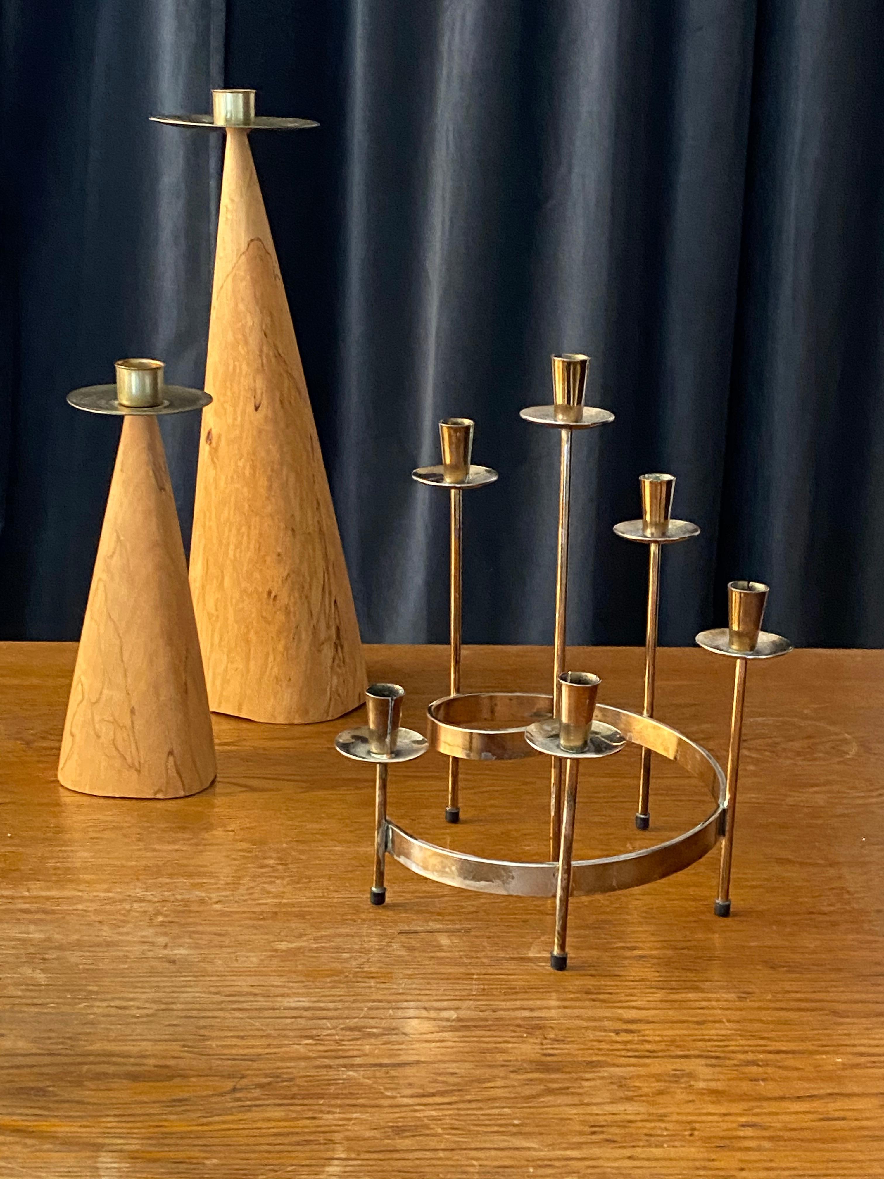 European Swedish Design, Collection of Candlesticks or Candelabra, Wood, Brass, Steel
