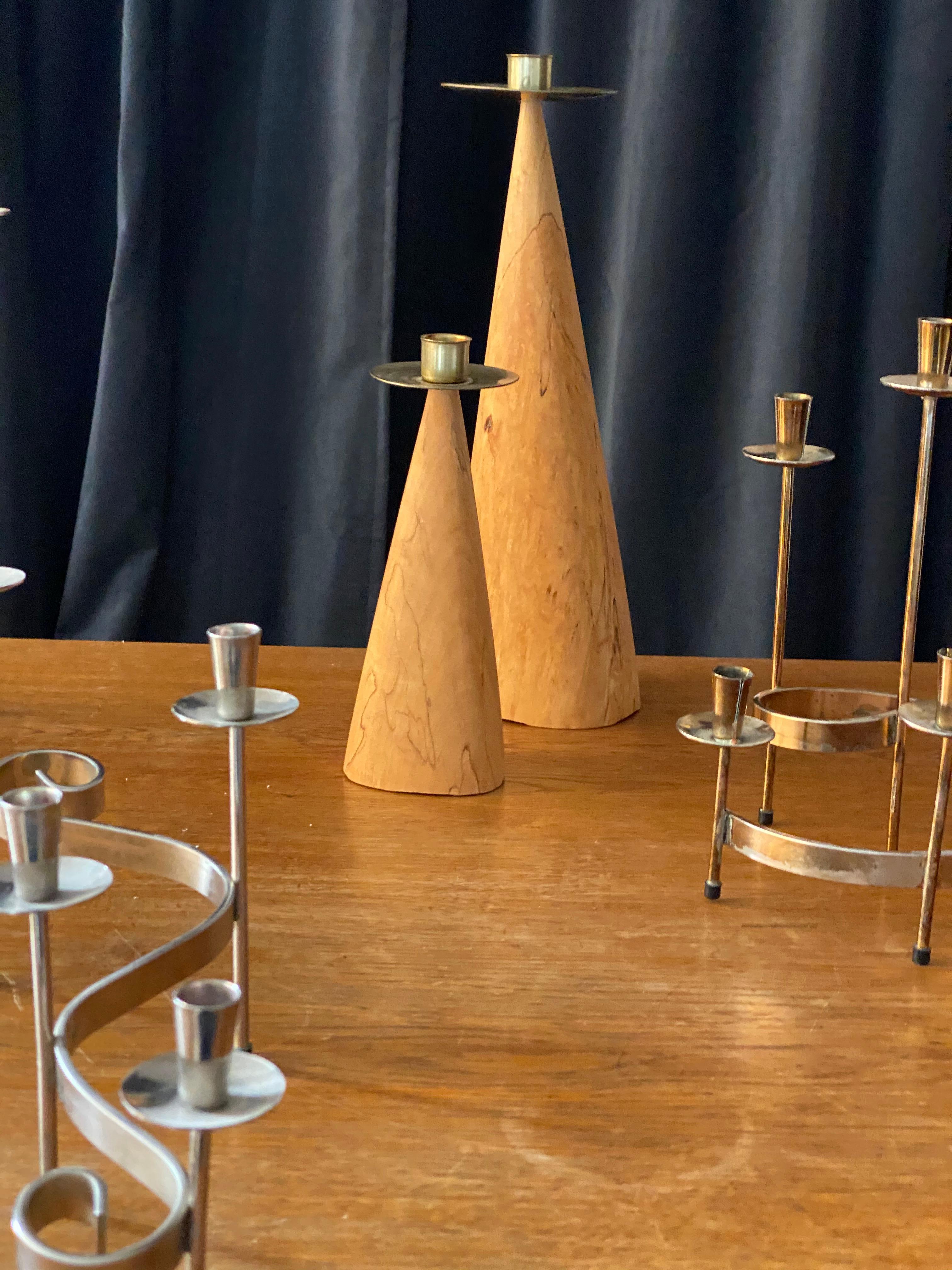 Swedish Design, Collection of Candlesticks or Candelabra, Wood, Brass, Steel In Good Condition In High Point, NC