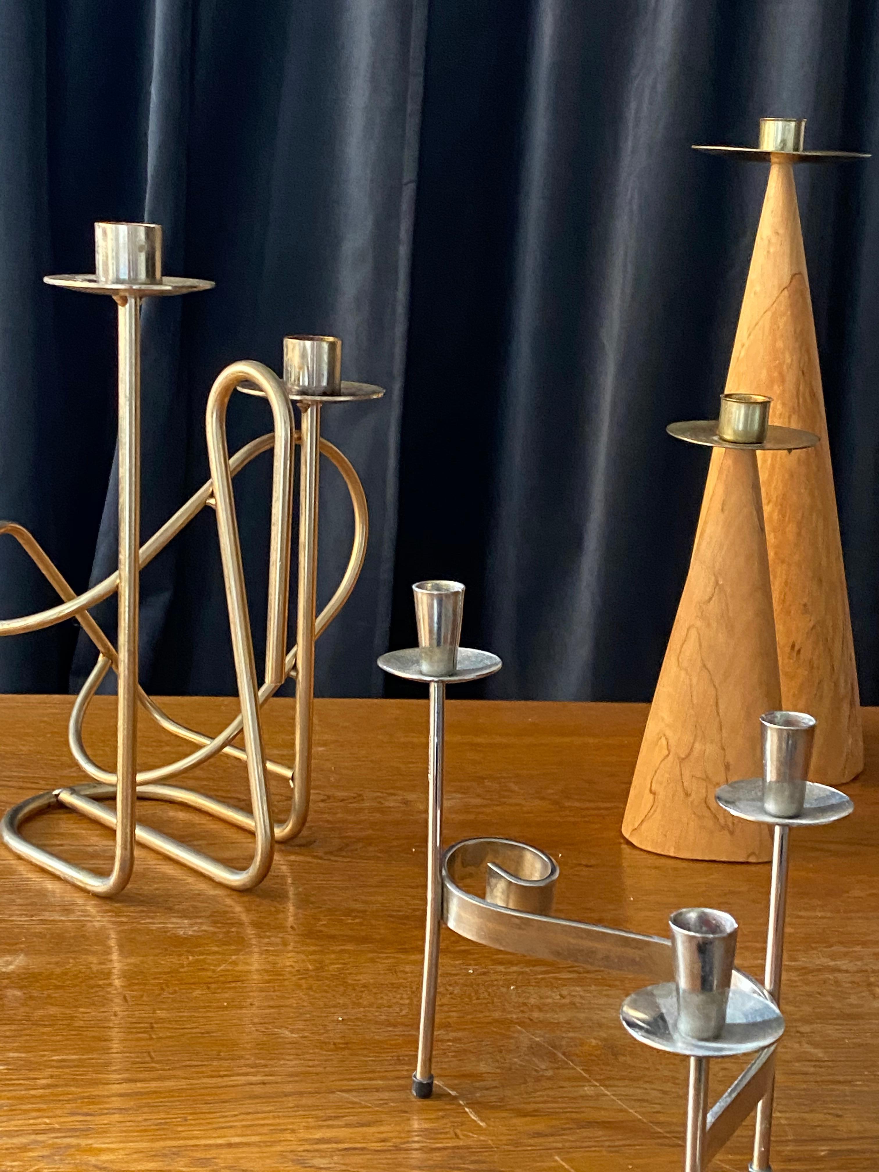 Mid-20th Century Swedish Design, Collection of Candlesticks or Candelabra, Wood, Brass, Steel