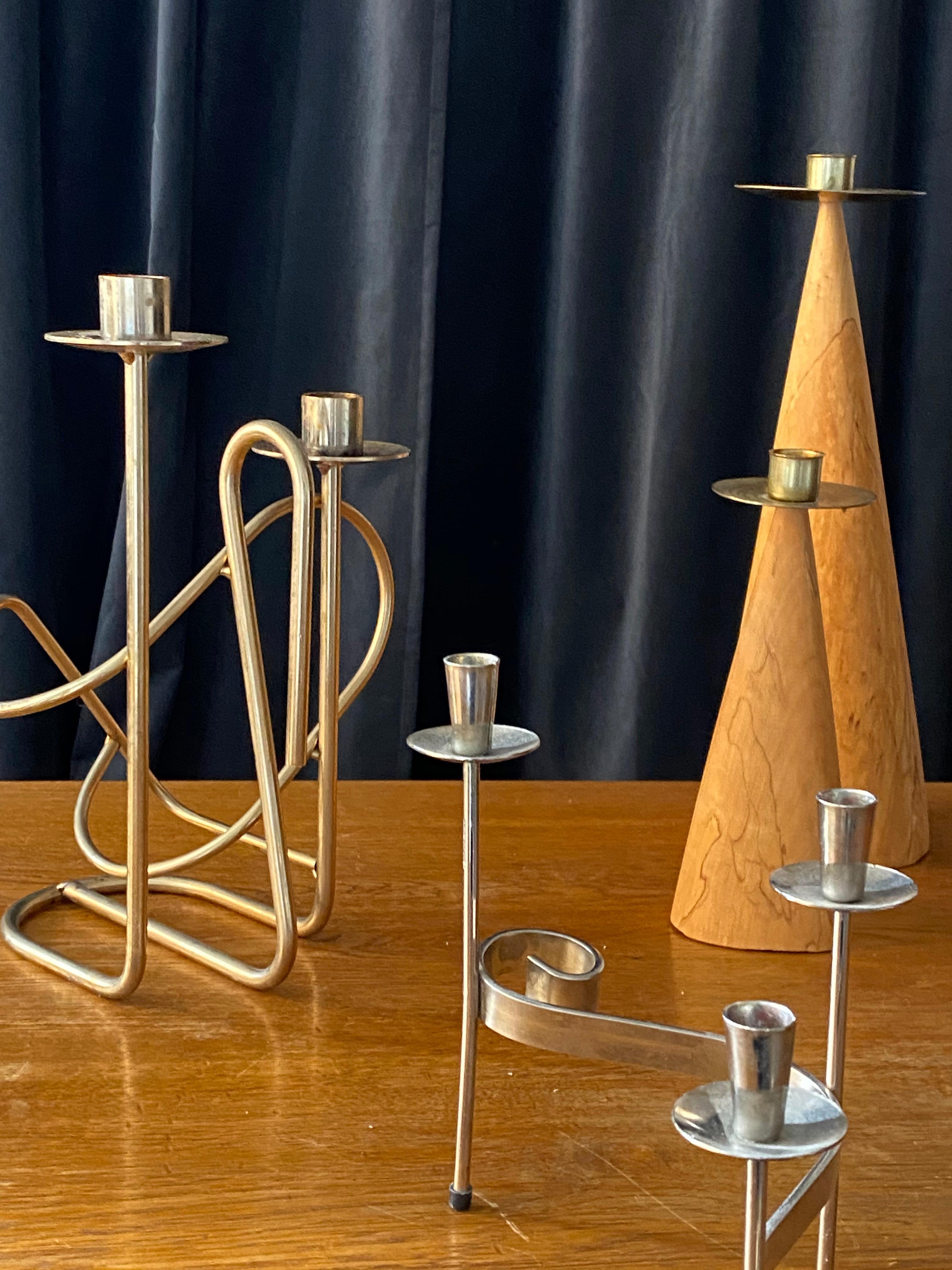 Metal Swedish Design, Collection of Candlesticks or Candelabra, Wood, Brass, Steel