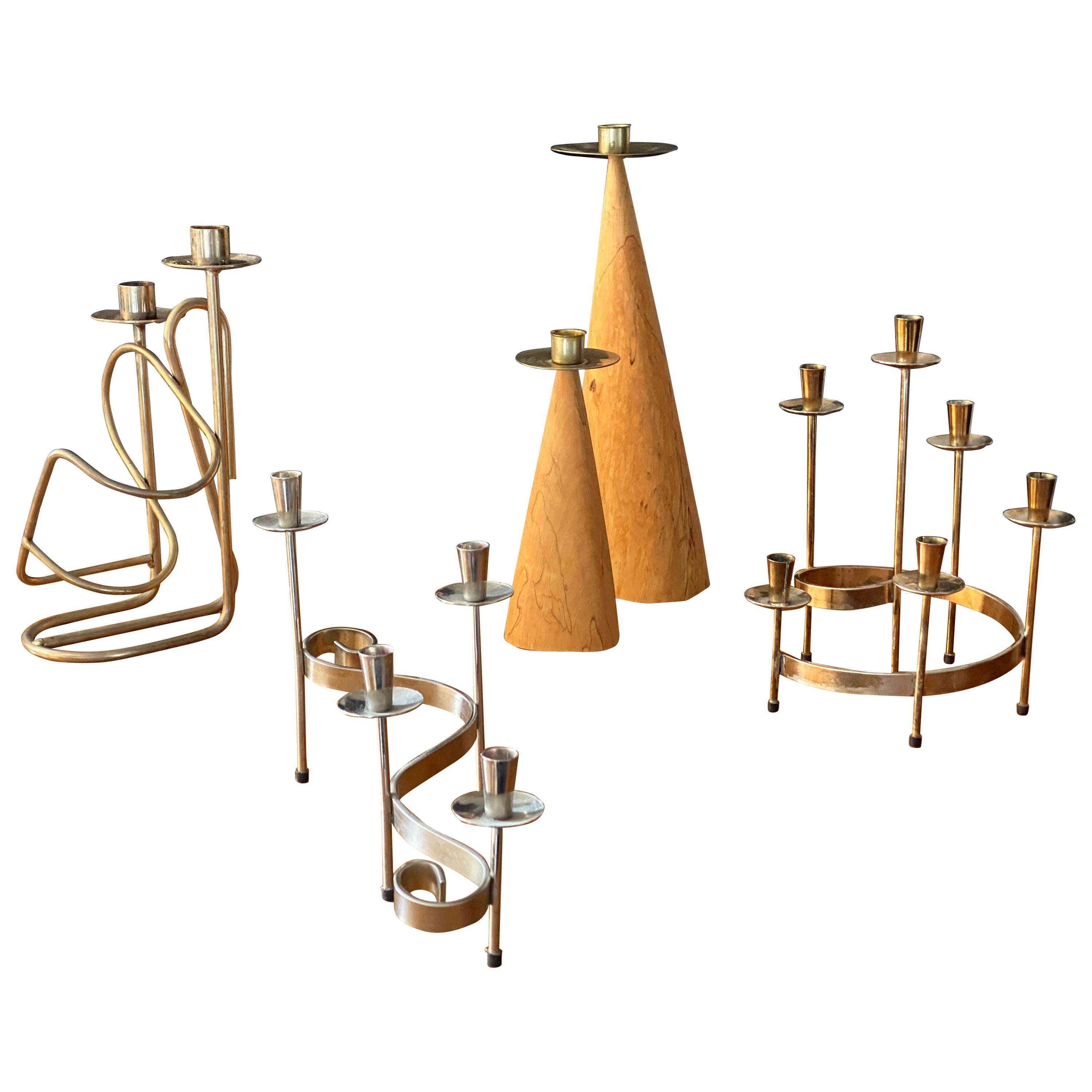 Swedish Design, Collection of Candlesticks or Candelabra, Wood, Brass, Steel