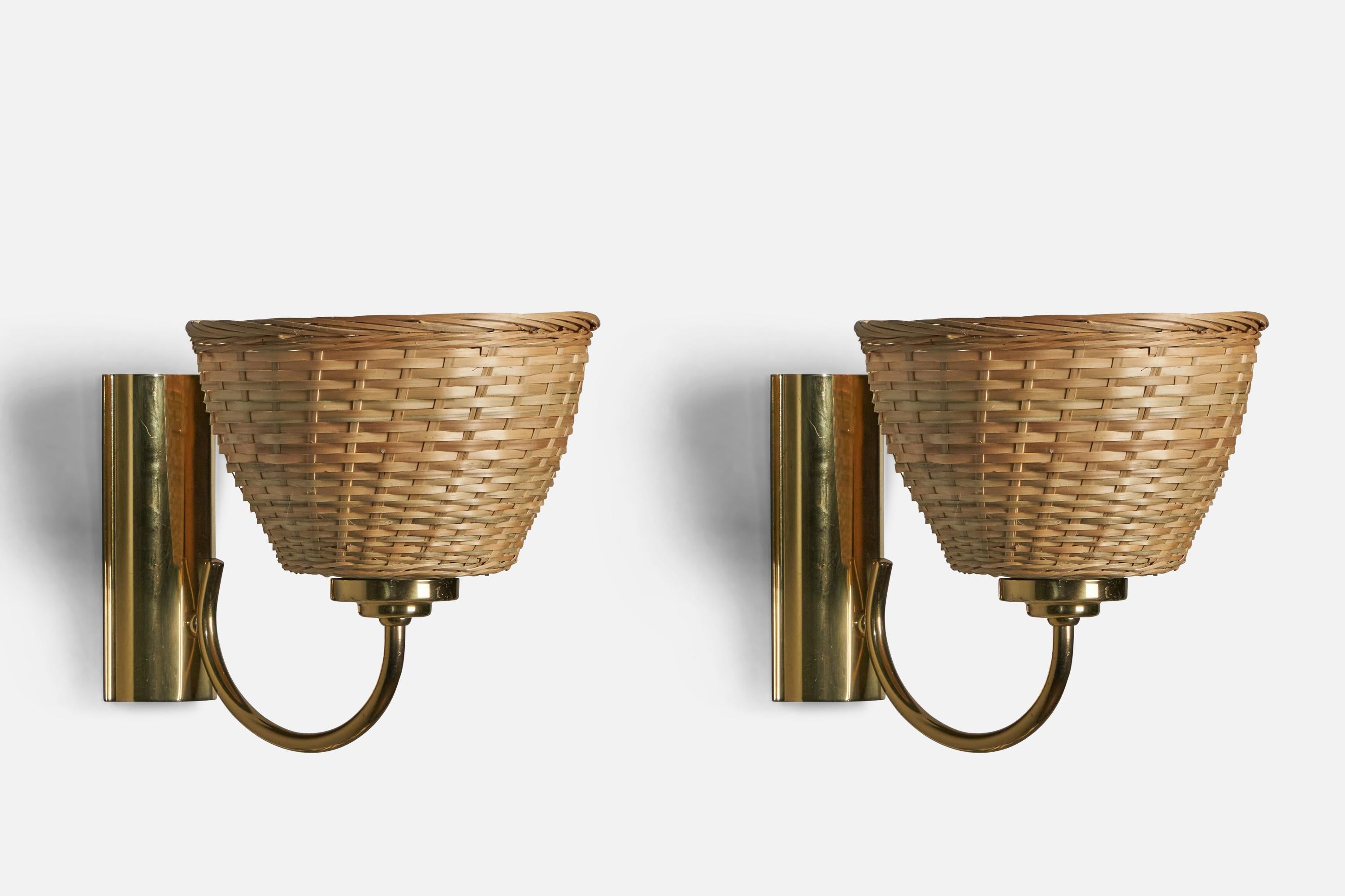 Swedish Designed, Wall Lights, Brass, Rattan, Sweden, 1970s In Good Condition In High Point, NC