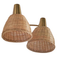 Swedish Designer, 2-Light Sconce, Brass, Rattan, Sweden, c. 1940s