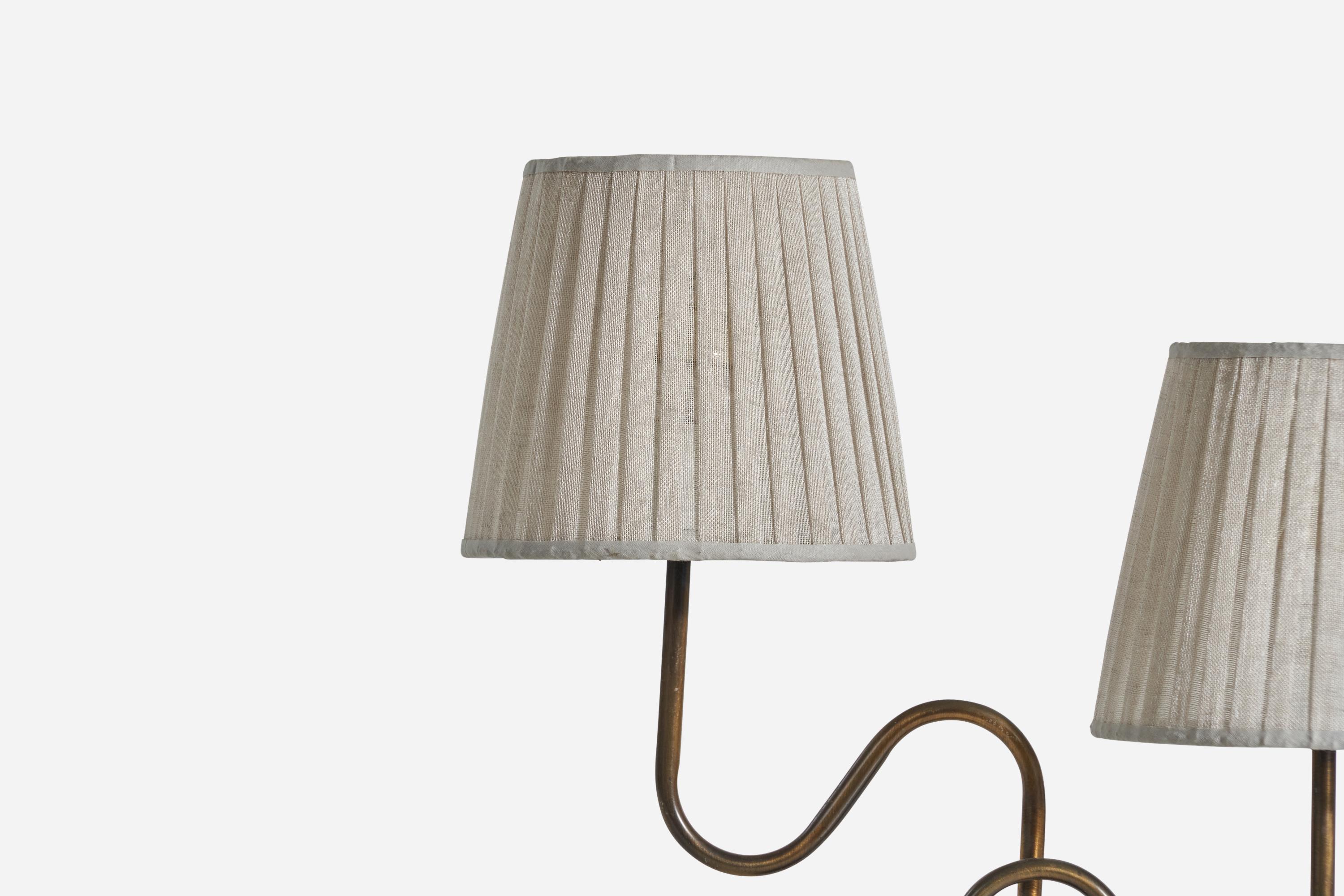 Late 20th Century Swedish Designer, 2-Light Table Lamp, Brass, Fabric, Sweden, c. 1970s
