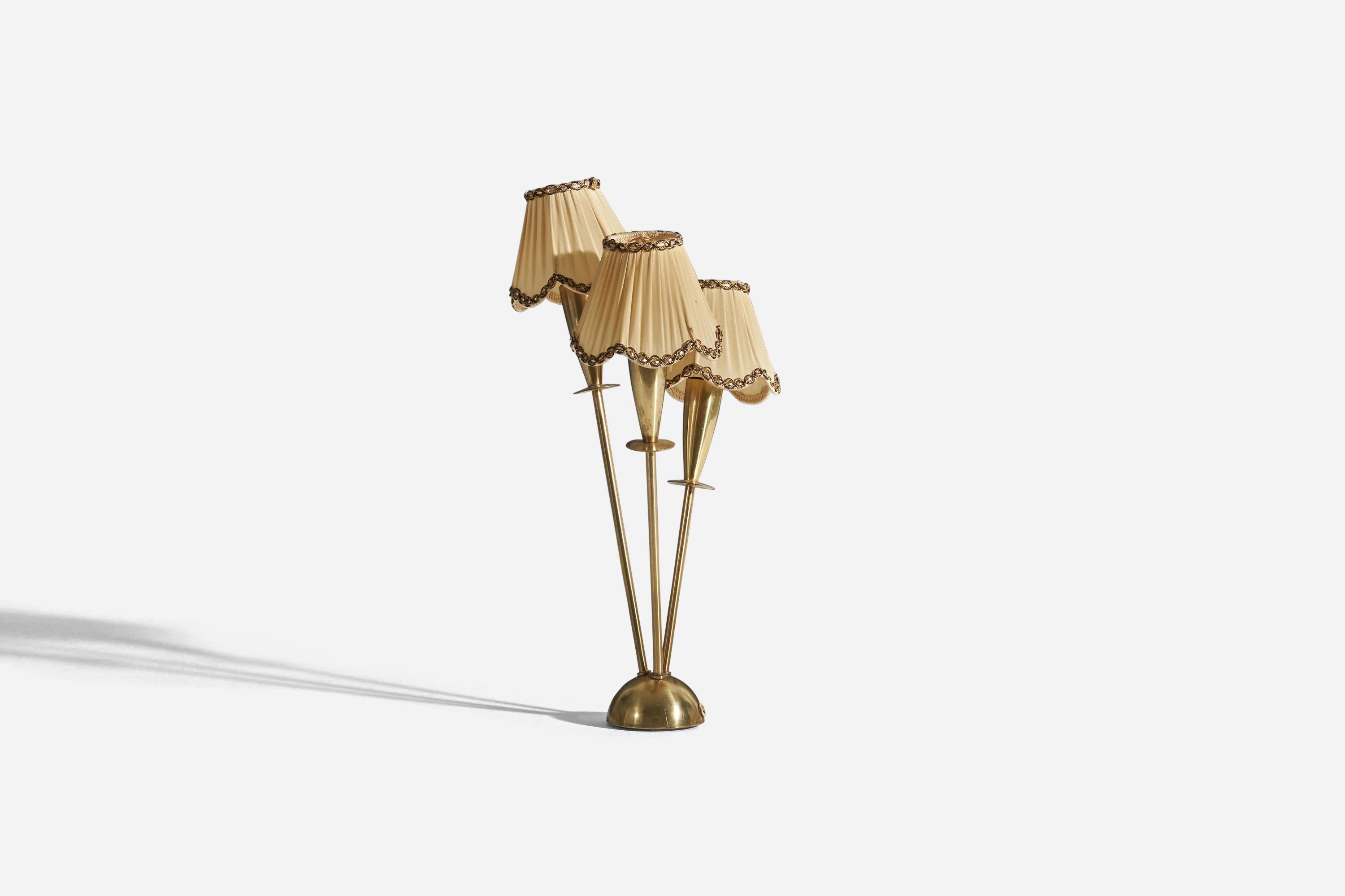 Mid-Century Modern Swedish Designer, 3-Light Table Lamp, Brass, Fabric, Sweden, 1940s For Sale