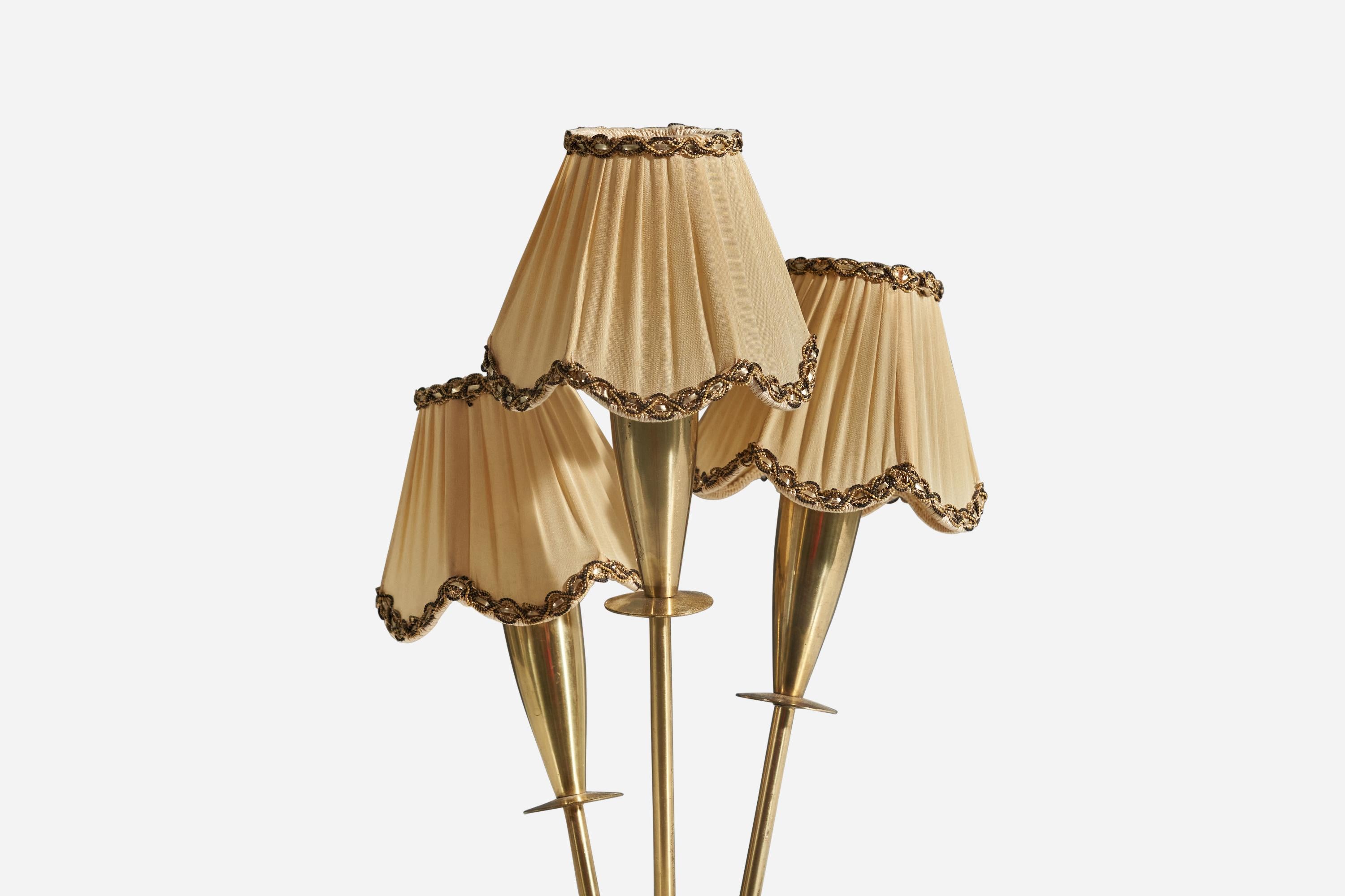Mid-20th Century Swedish Designer, 3-Light Table Lamp, Brass, Fabric, Sweden, 1940s For Sale