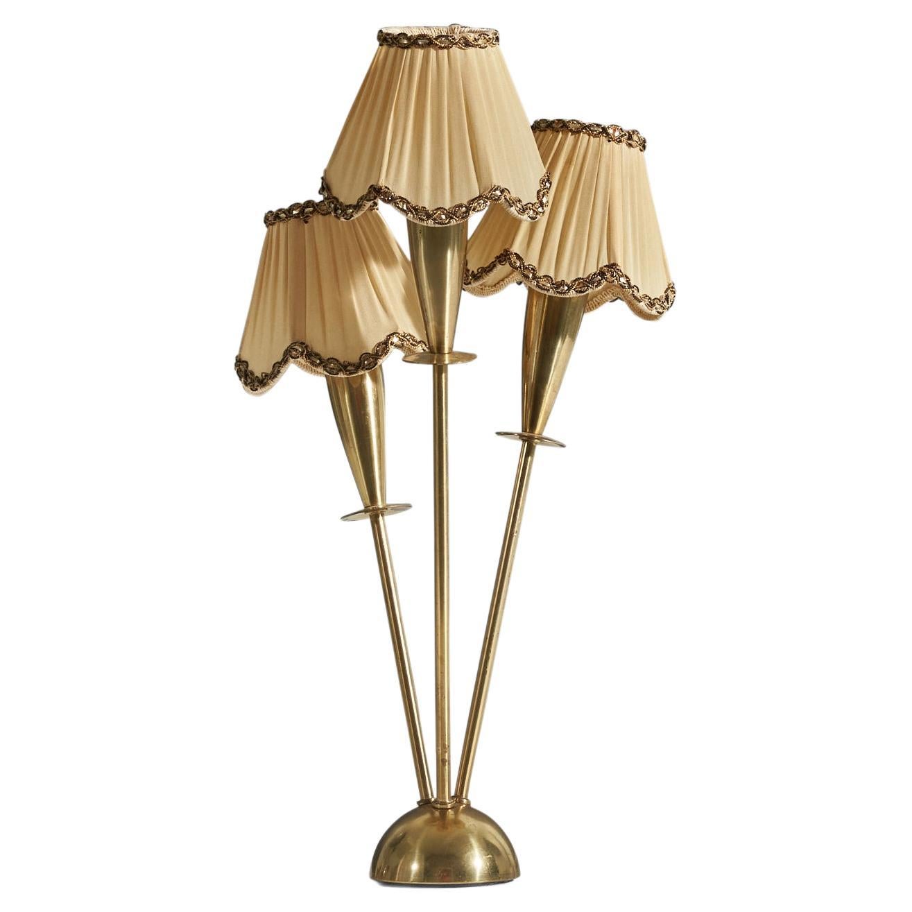 Swedish Designer, 3-Light Table Lamp, Brass, Fabric, Sweden, 1940s For Sale