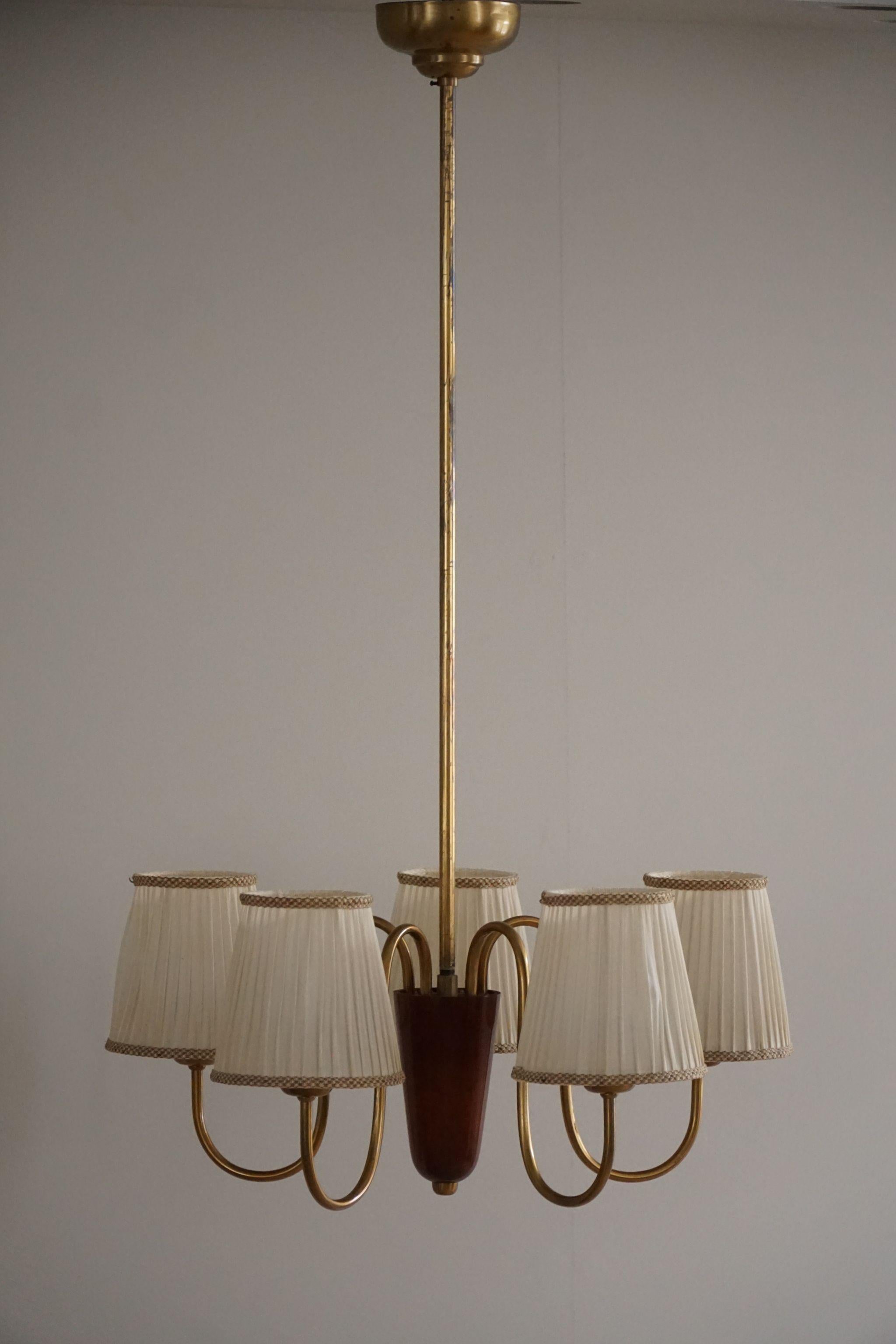 Swedish Designer, 5 Arm Teak & Brass Chandelier, Mid-Century Modern, 1950s For Sale 13