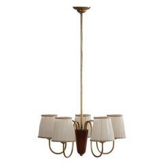 Swedish Designer, 5 Arm Teak & Brass Chandelier, Mid-Century Modern, 1950s