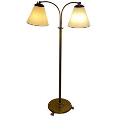 Swedish Designer, Adjustable 2-Armed, Floor Lamp, Brass, Fabric, 1940s, Sweden