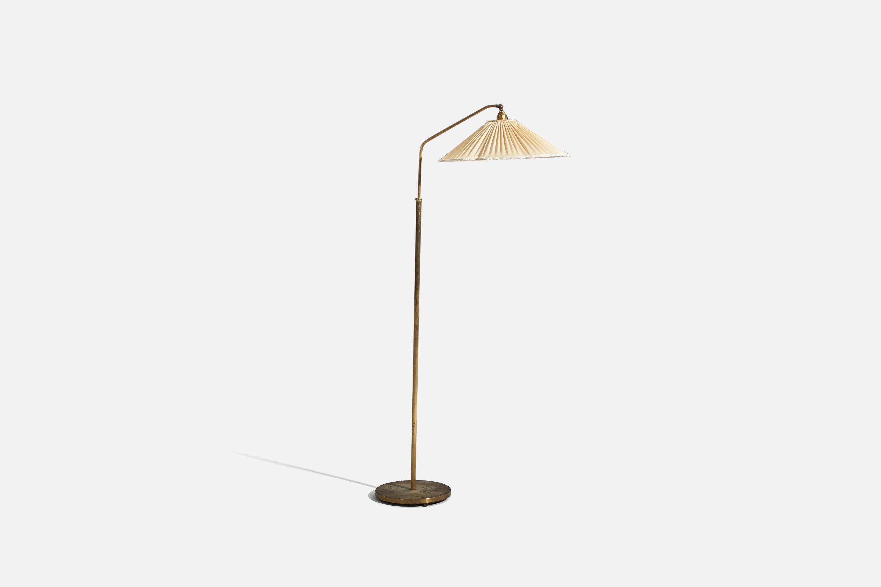 Scandinavian Modern Swedish Designer, Adjustable Floor Lamp, Brass, Fabric, Sweden, 1940s