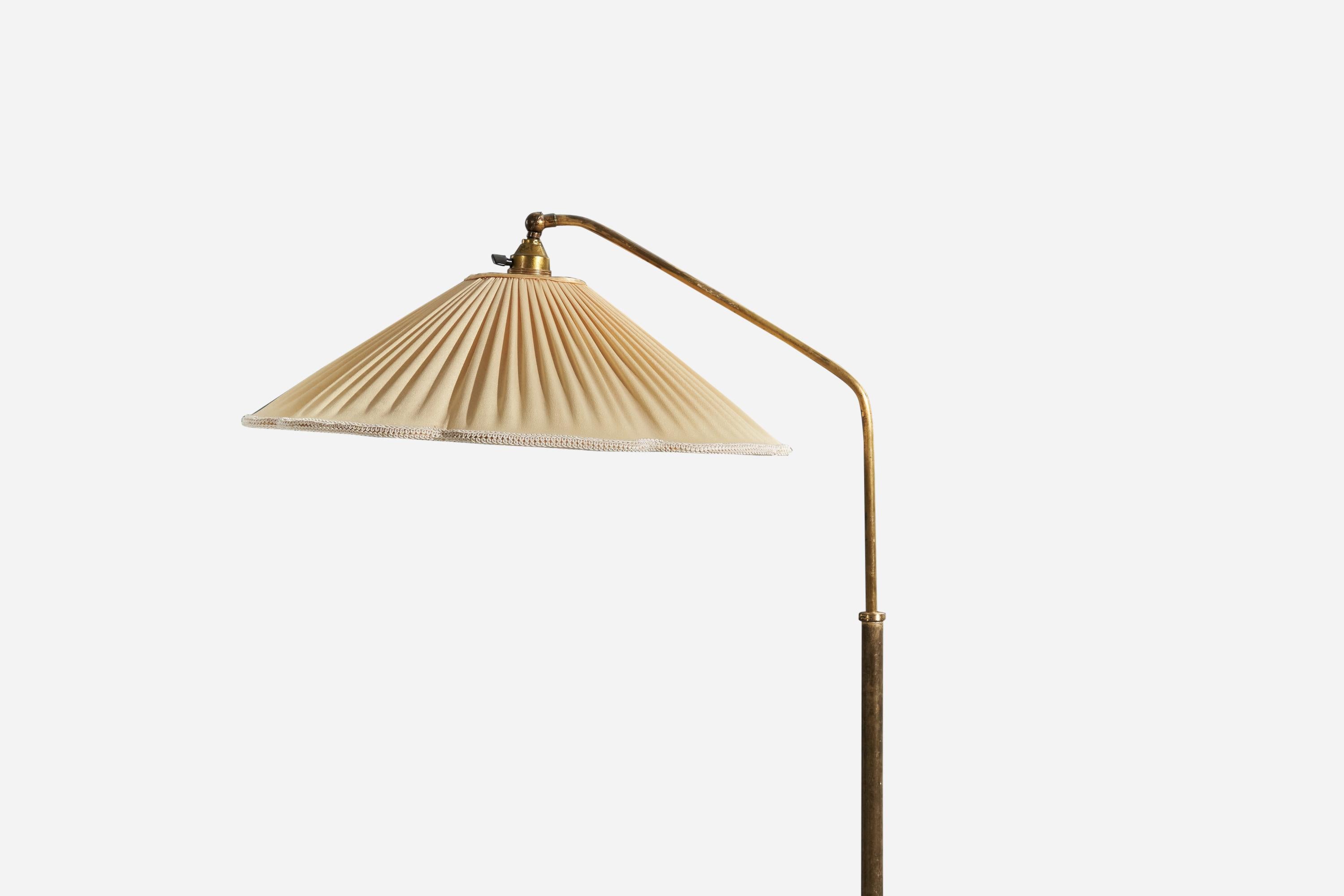 Mid-20th Century Swedish Designer, Adjustable Floor Lamp, Brass, Fabric, Sweden, 1940s