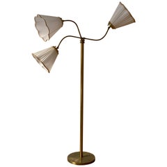 Swedish Designer, Adjustable Floor Lamp, Brass, Fabric, Sweden, 1940s