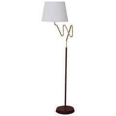 Swedish Designer, Adjustable Floor Lamp, Brass, Leather, Fabric, Sweden, 1960s
