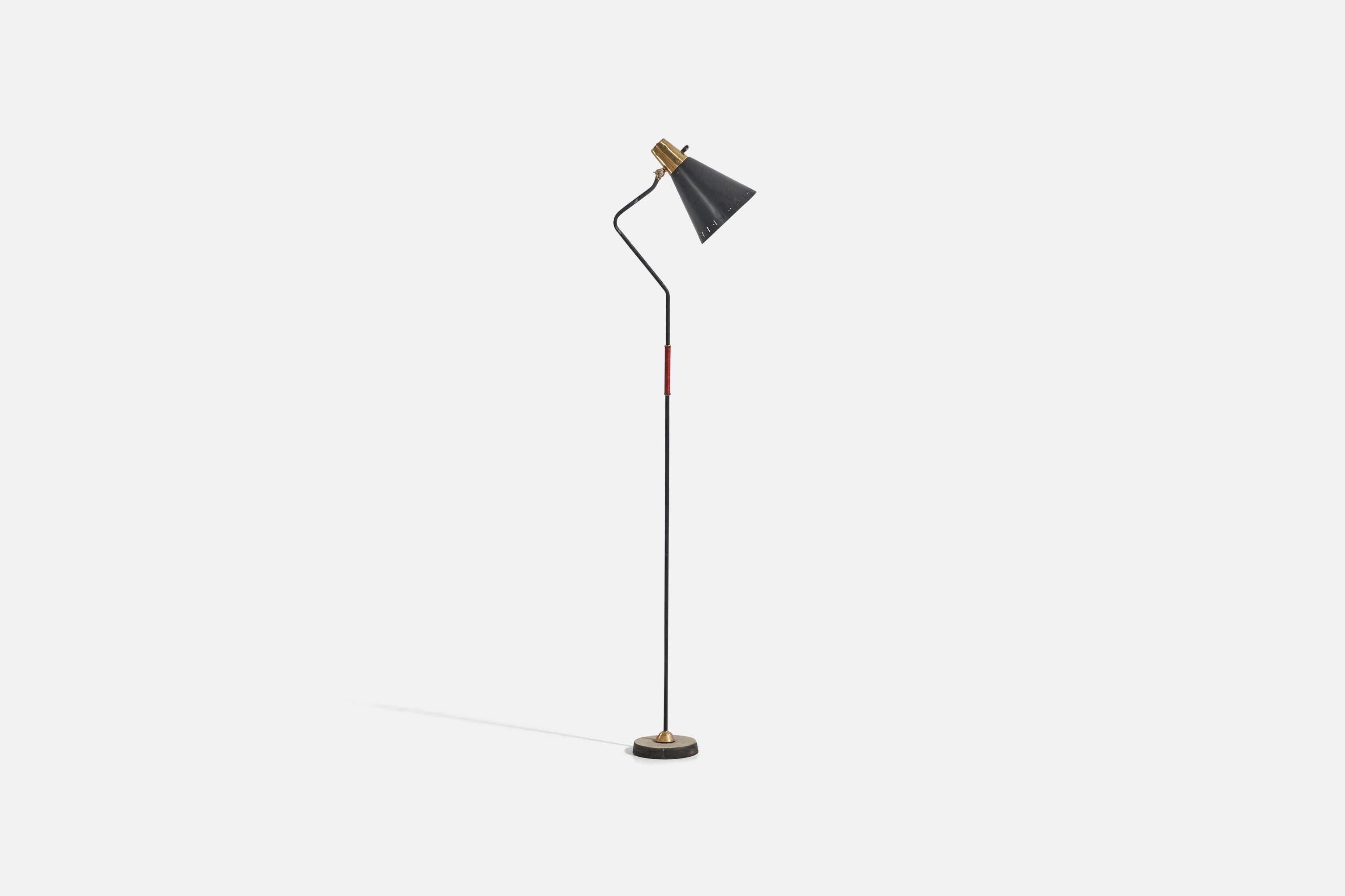 A metal, brass and leather floor lamp designed and produced by a Swedish designer, Sweden, 1960s. 

Dimensions variable, measured as illustrated in first image.

Socket takes standard E-26 medium base bulb.

There is no maximum wattage stated