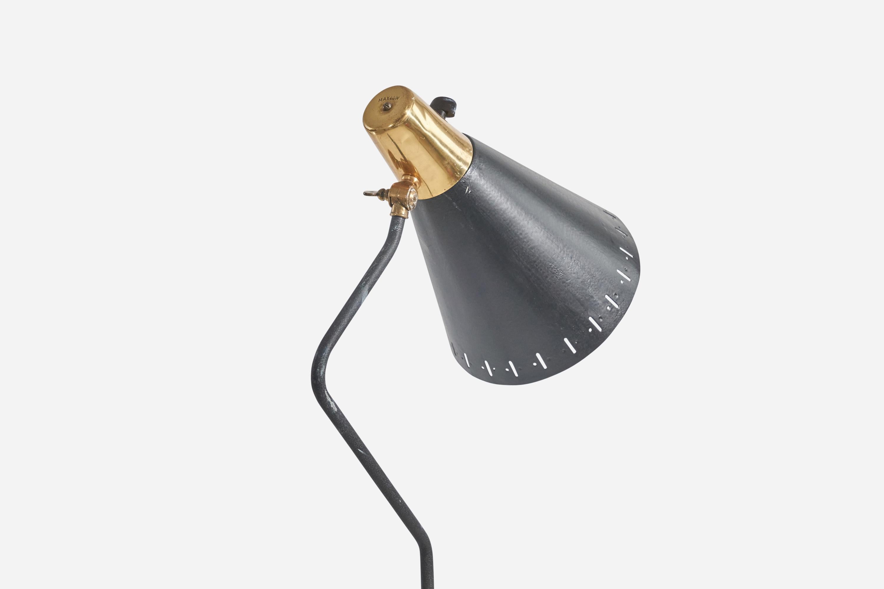 Swedish Designer, Adjustable Floor Lamp, Brass, Metal, Leather, Sweden, 1960s In Fair Condition For Sale In High Point, NC