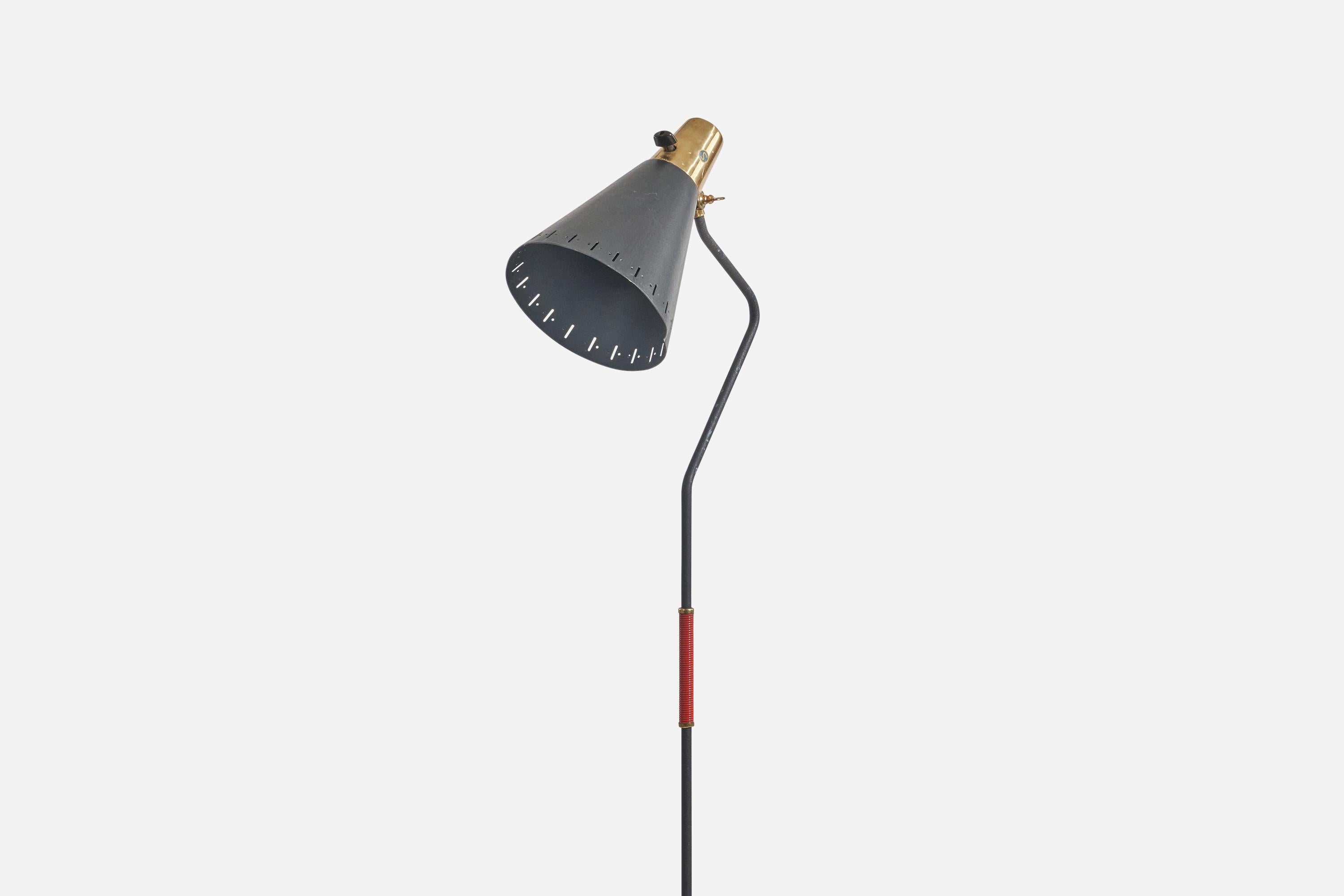 Mid-20th Century Swedish Designer, Adjustable Floor Lamp, Brass, Metal, Leather, Sweden, 1960s For Sale