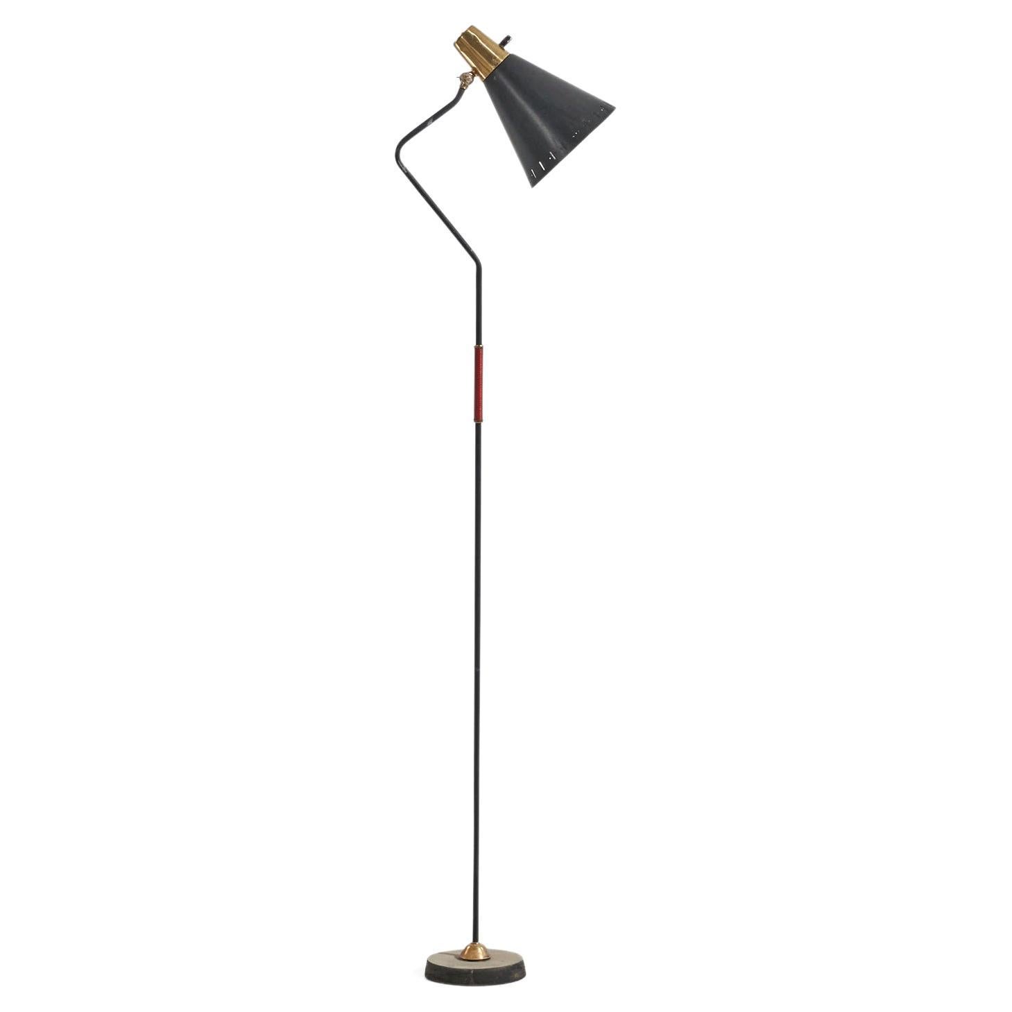 Swedish Designer, Adjustable Floor Lamp, Brass, Metal, Leather, Sweden, 1960s For Sale