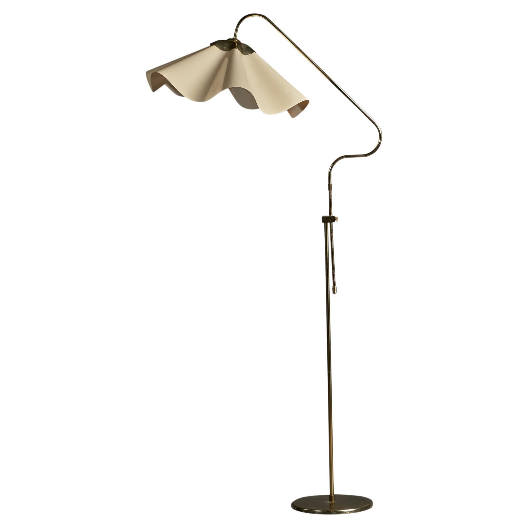 Swedish Designer, Adjustable Floor Lamp, Brass, Paper, Plastic, Sweden 1960s For Sale