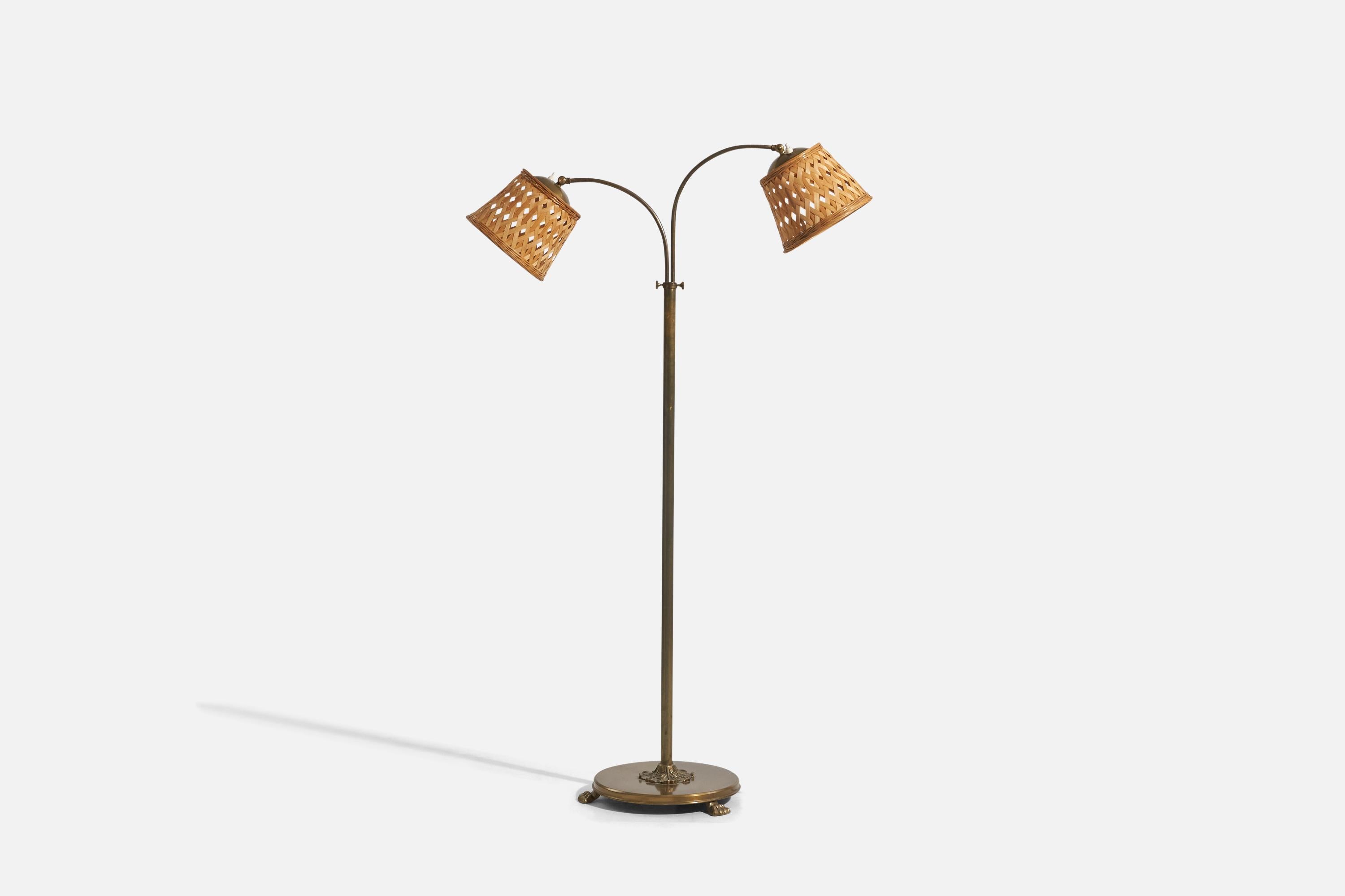 Scandinavian Modern Swedish Designer, Adjustable Floor Lamp, Brass, Rattan, Sweden, 1940s