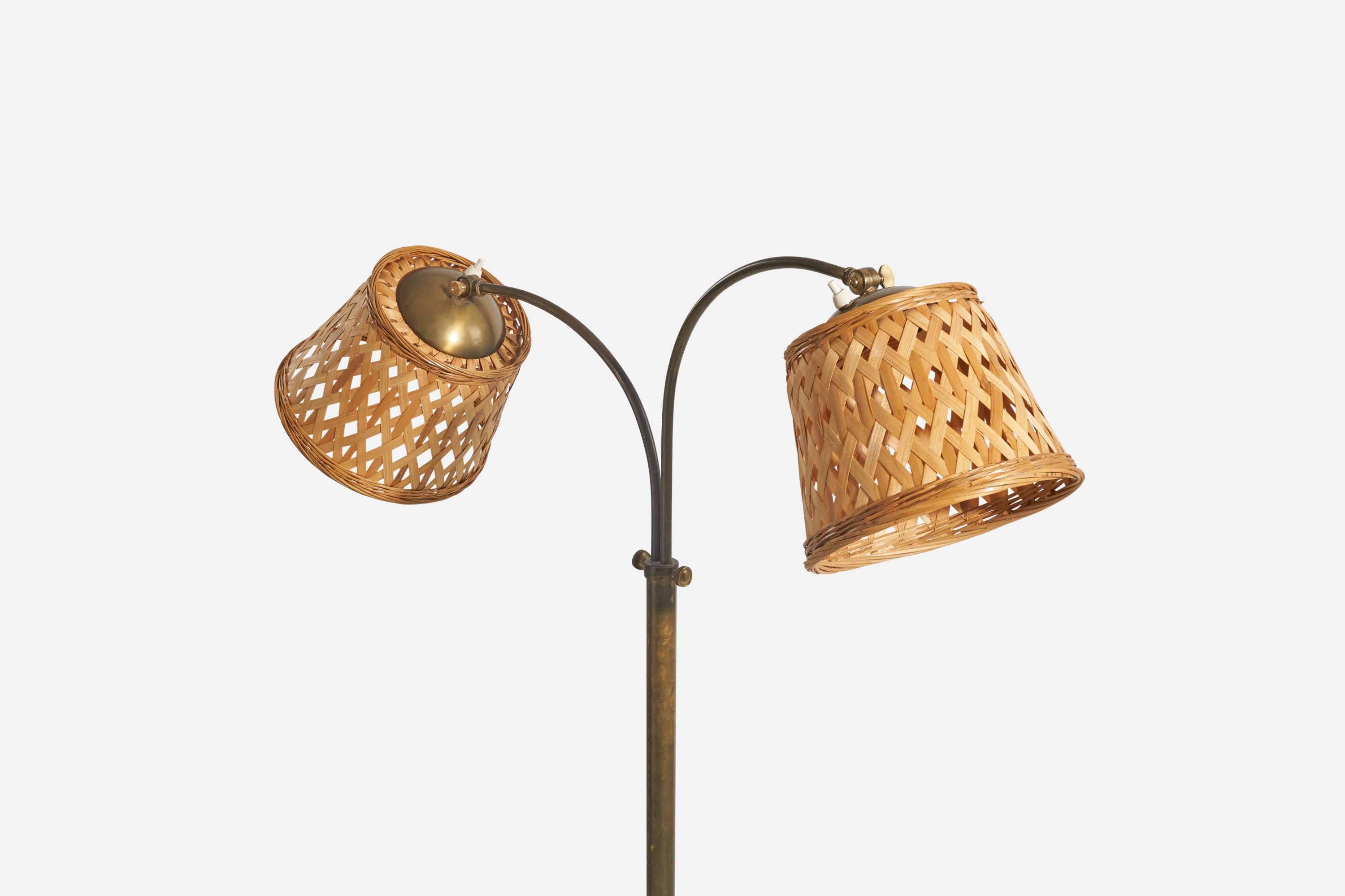 Swedish Designer, Adjustable Floor Lamp, Brass, Rattan, Sweden, 1940s In Good Condition In High Point, NC