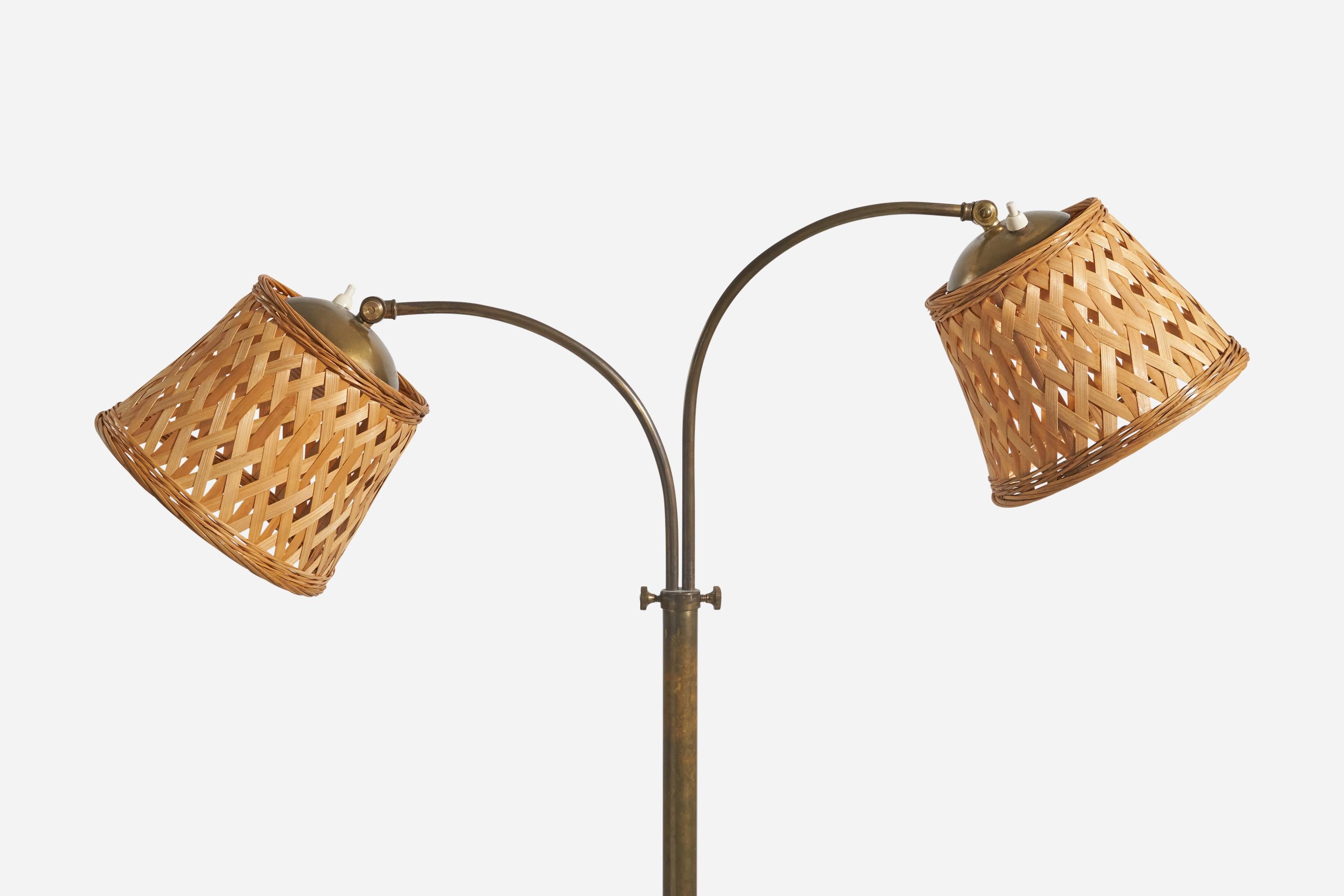 Mid-20th Century Swedish Designer, Adjustable Floor Lamp, Brass, Rattan, Sweden, 1940s