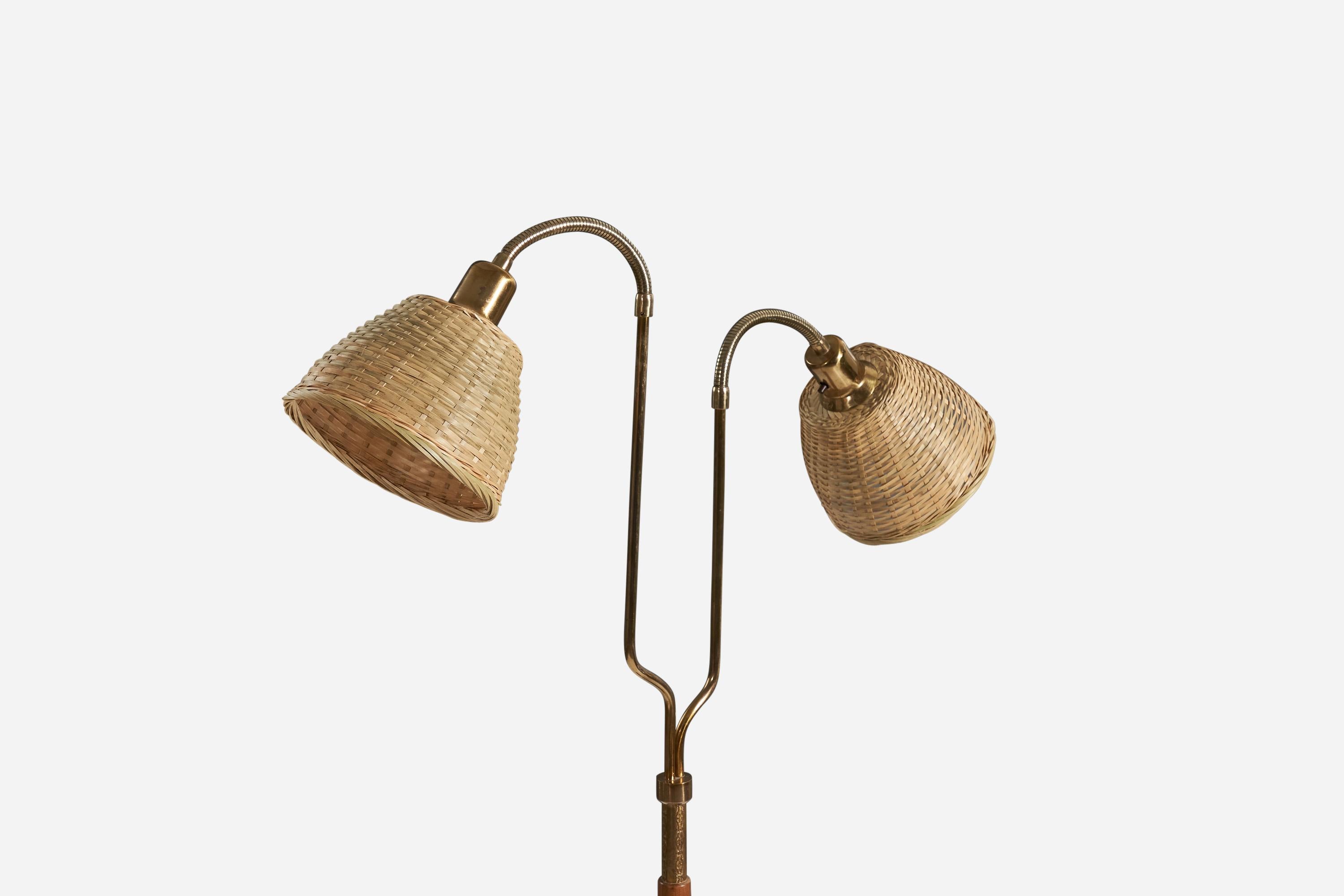 Scandinavian Modern Swedish Designer, Adjustable Floor Lamp, Brass, Teak, Rattan, Sweden, 1950s For Sale