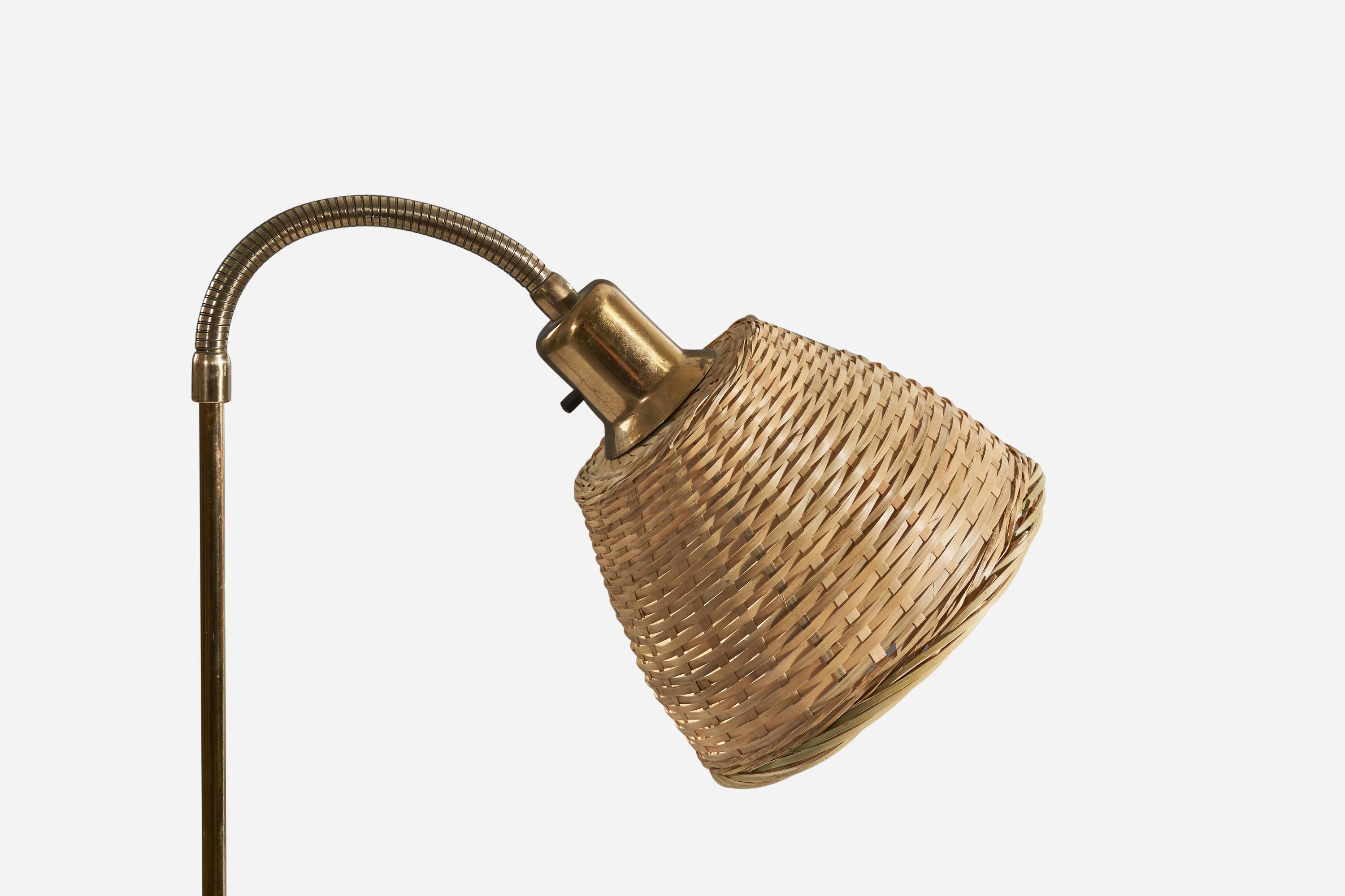 Mid-20th Century Swedish Designer, Adjustable Floor Lamp, Brass, Teak, Rattan, Sweden, 1950s For Sale