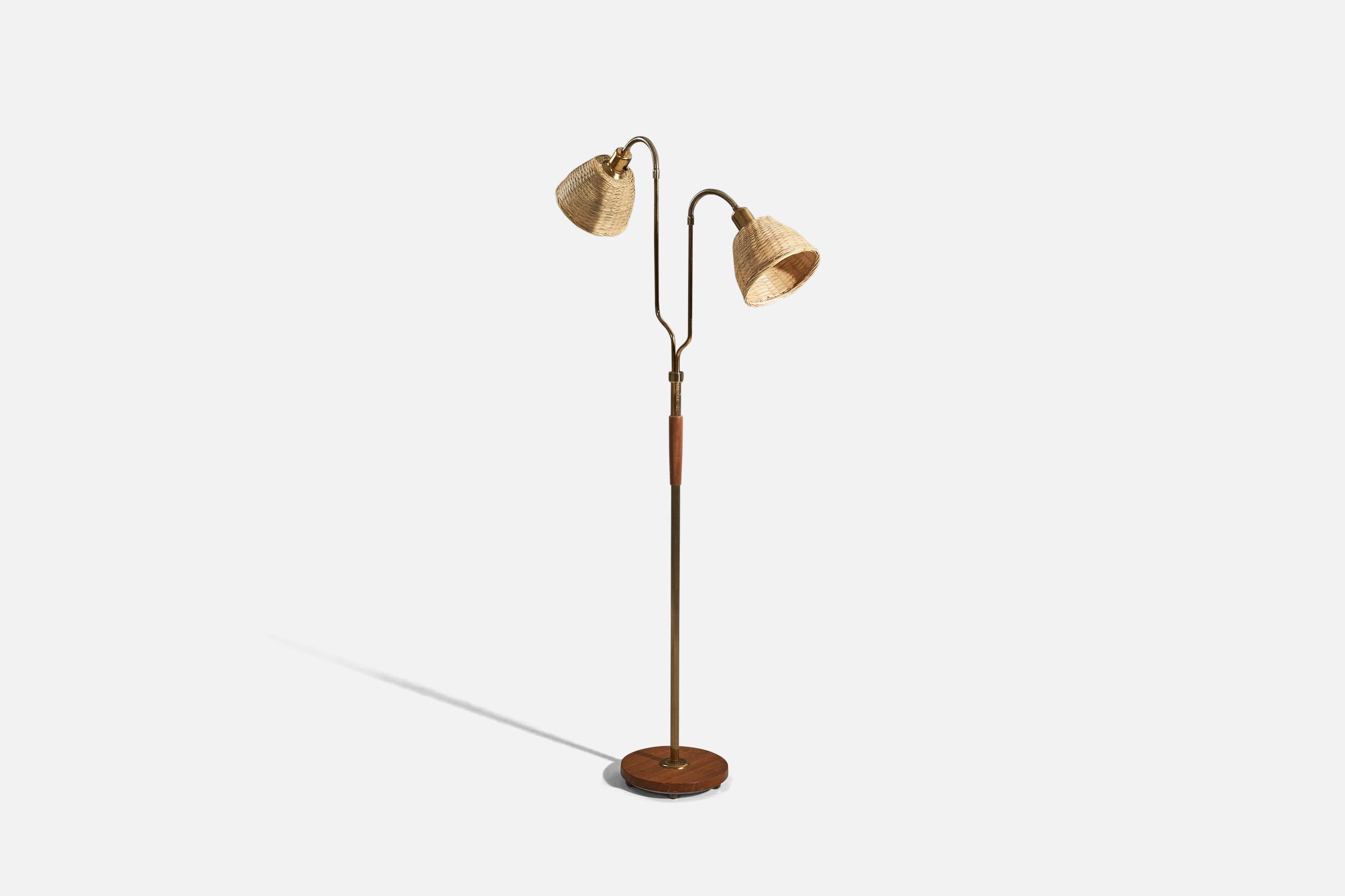 Swedish Designer, Adjustable Floor Lamp, Brass, Teak, Rattan, Sweden, 1950s For Sale 1