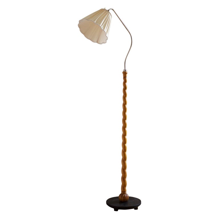 Swedish Designer, Adjustable Floor Lamp, Chome steel, Wood, Fabric, 1940s For Sale