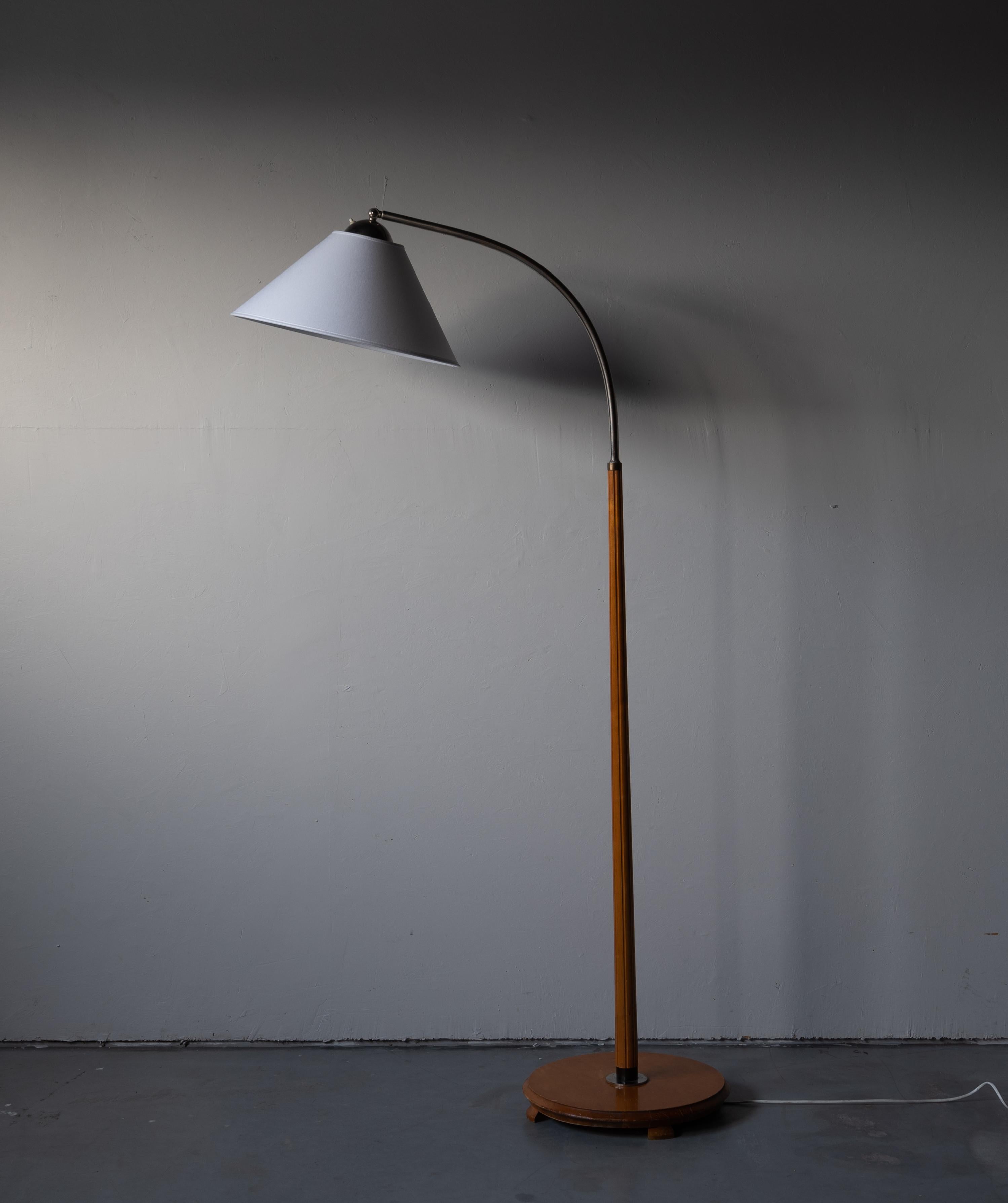 Scandinavian Modern Swedish Designer, Adjustable Floor Lamp Fluted Wood, Metal, Fabric, Sweden 1940s