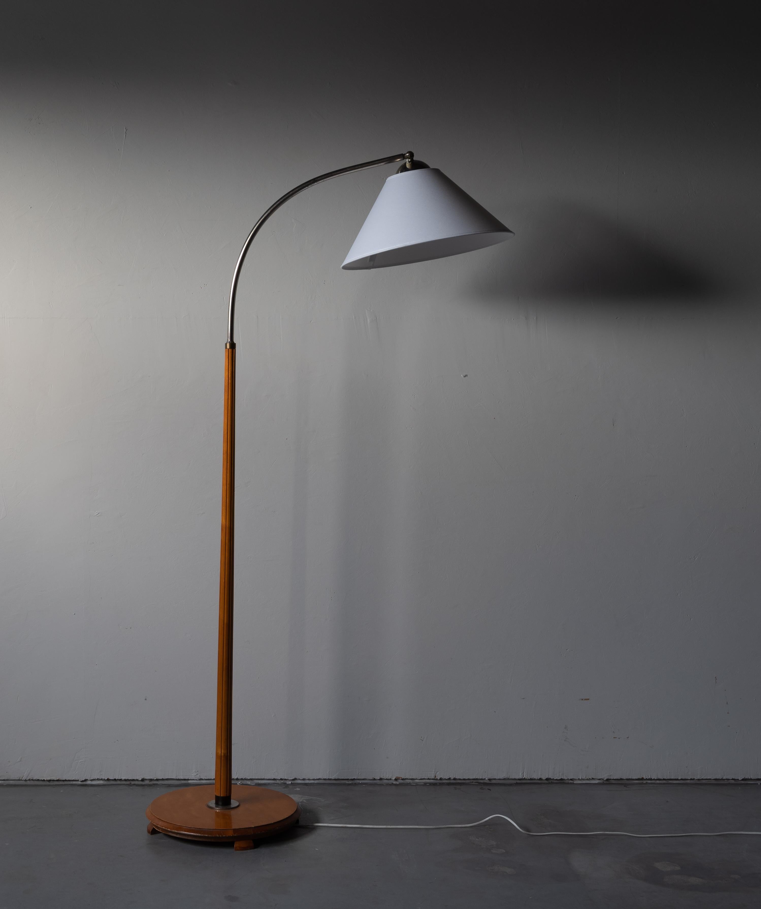 Chrome Swedish Designer, Adjustable Floor Lamp Fluted Wood, Metal, Fabric, Sweden 1940s