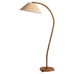 Swedish Designer, Adjustable Floor Lamp, Wood, Rattan, Sweden, 1930s