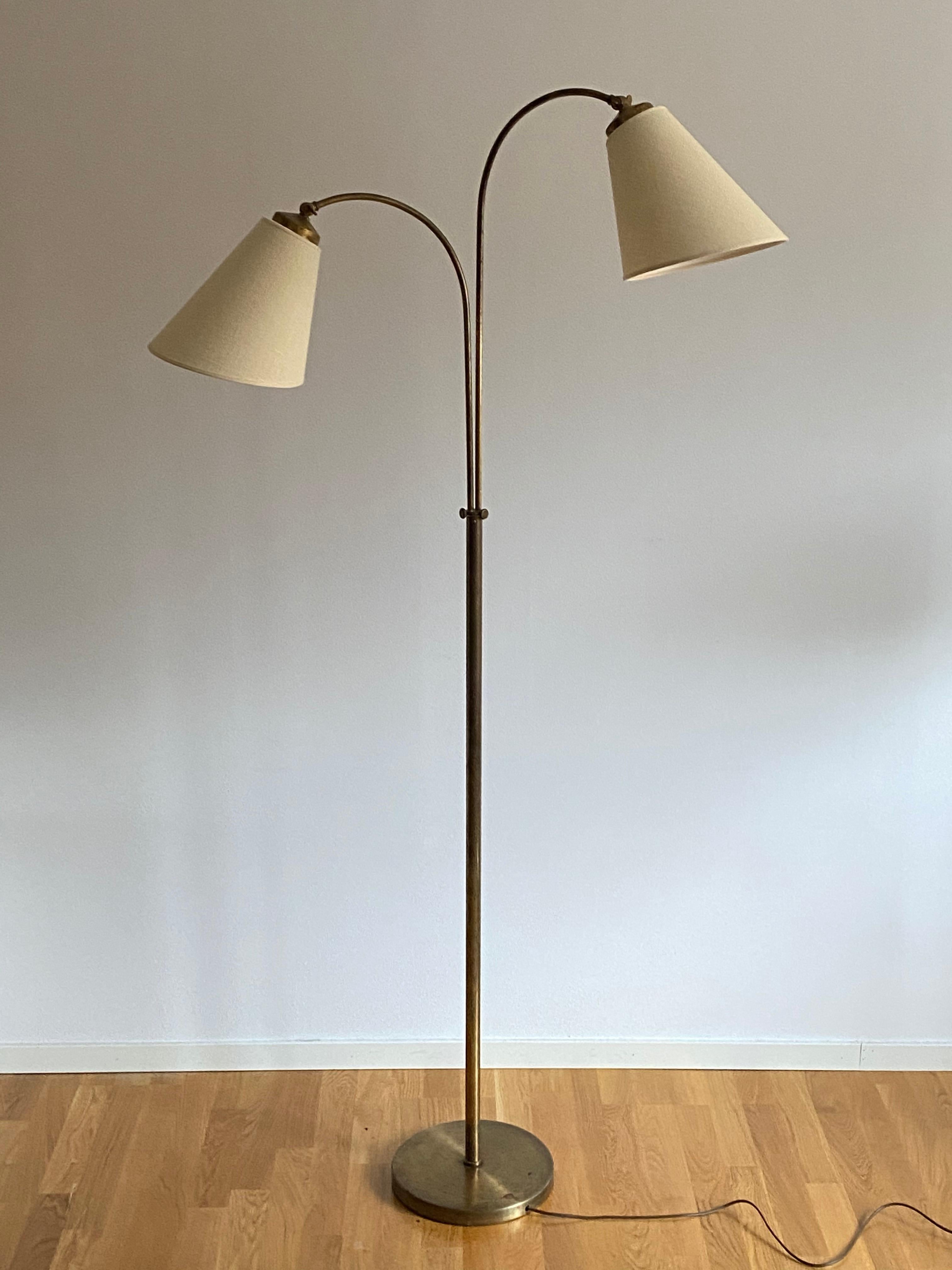 Scandinavian Modern Swedish Designer, Adjustable Functionalist Floor Lamp, Brass, Fabric, 1940s