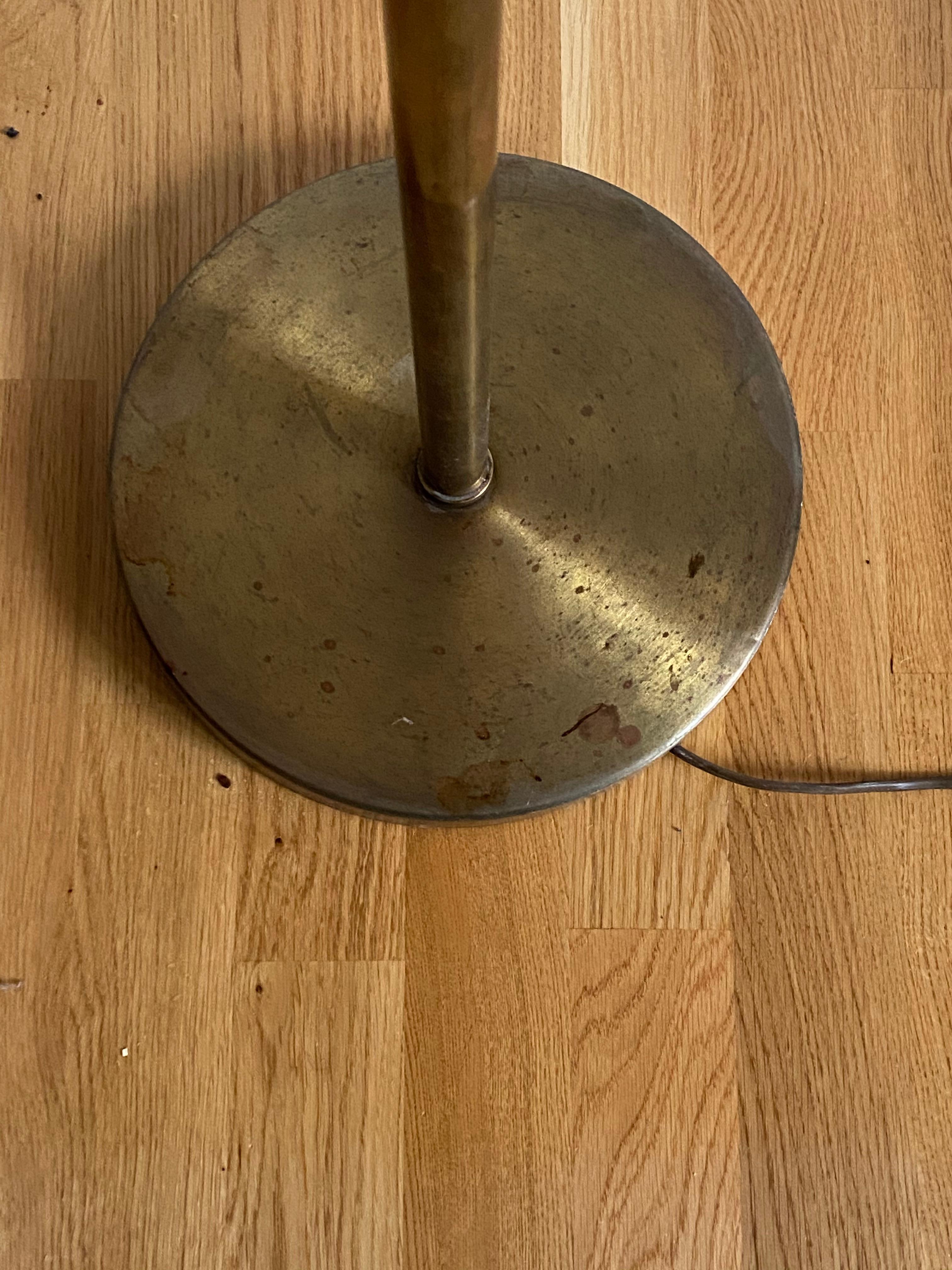 Swedish Designer, Adjustable Functionalist Floor Lamp, Brass, Fabric, 1940s 1