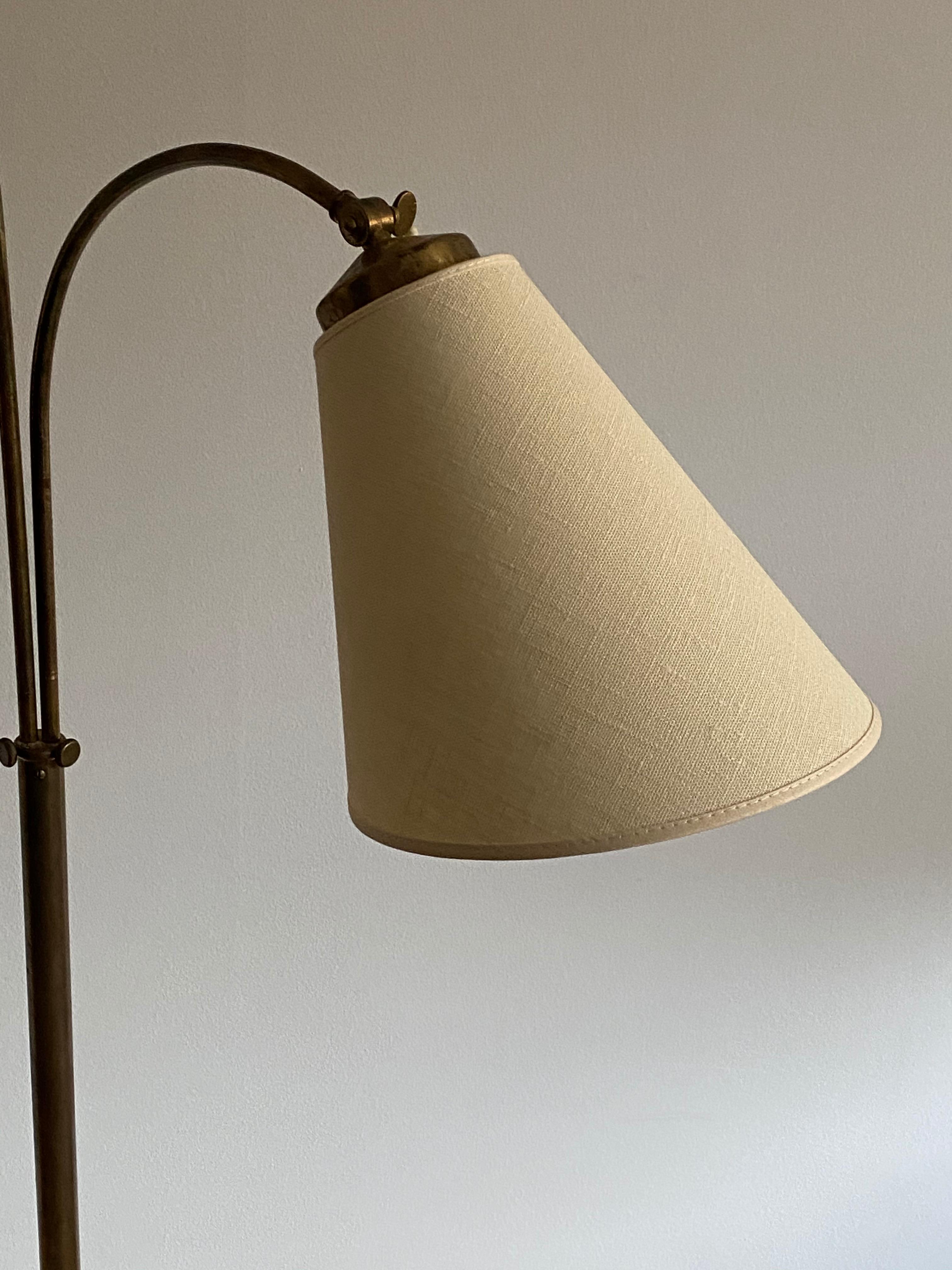 Swedish Designer, Adjustable Functionalist Floor Lamp, Brass, Fabric, 1940s 2