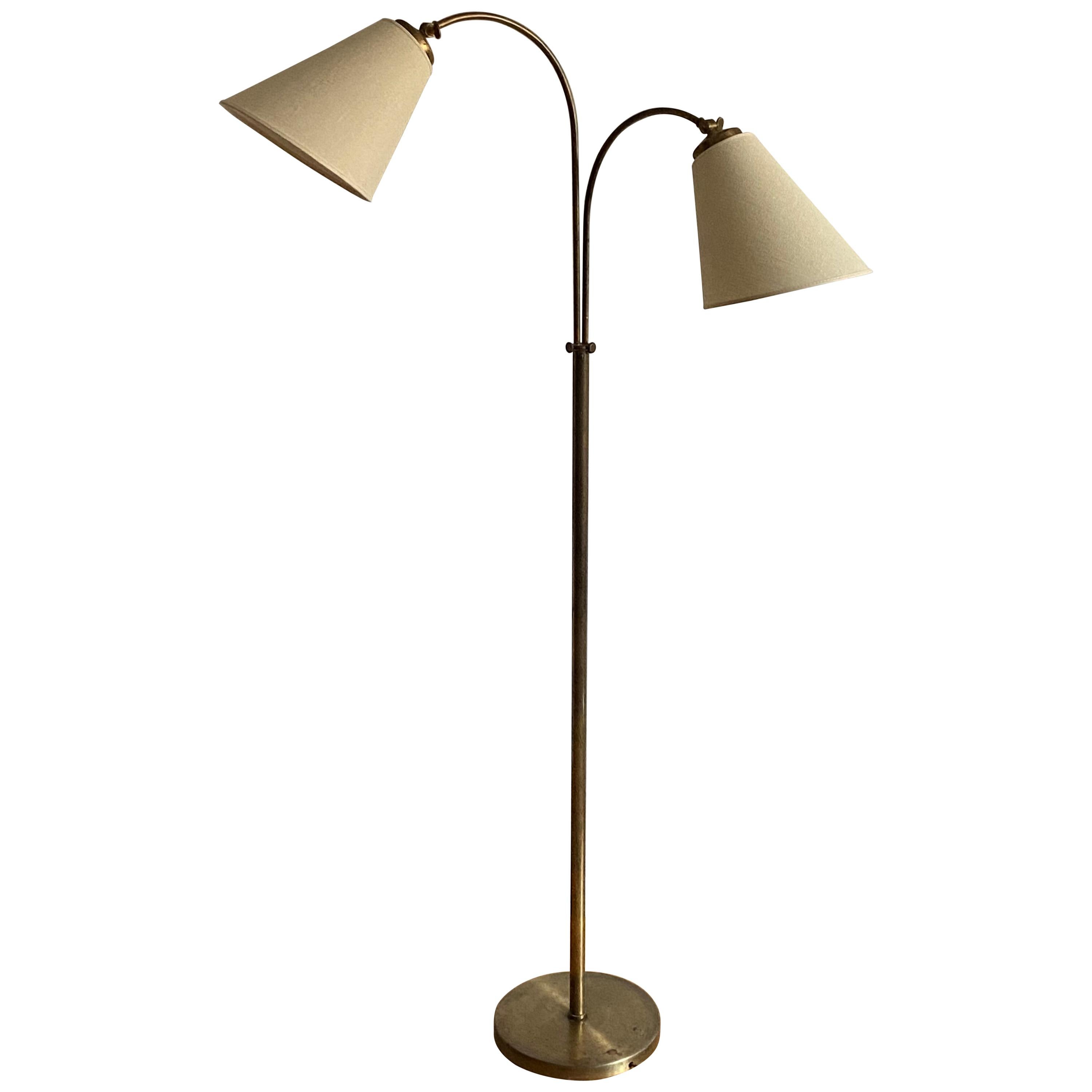 Swedish Designer, Adjustable Functionalist Floor Lamp, Brass, Fabric, 1940s